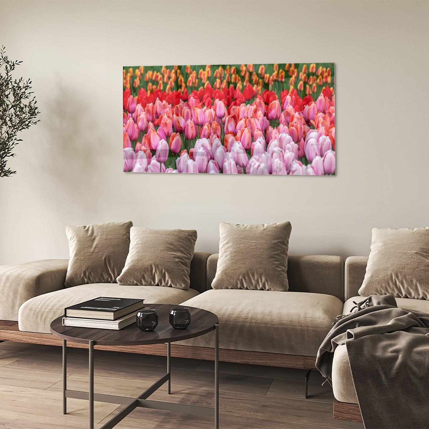 Glasbild mit farbenfrohen Tulpen in einem blühenden Garten – Glasbild aus Sicherheitsglas, Größe 90x60