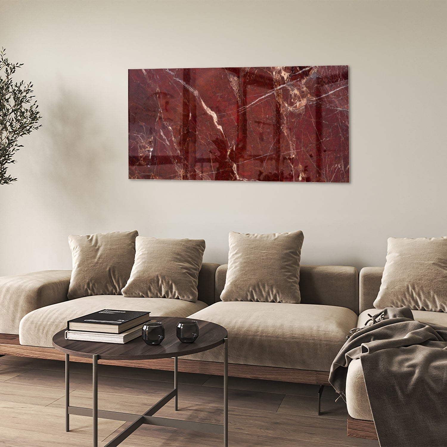 Rotes Glasbild mit Marmoroptik – Glasbild aus Sicherheitsglas, Größe 90x60