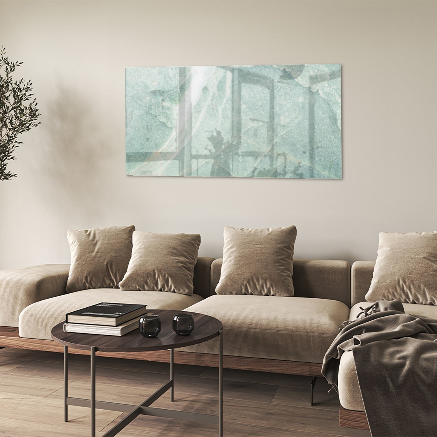 Abstraktes grünes Glasbild für moderne Innenräume – Glasbild aus Sicherheitsglas, Größe 90x60