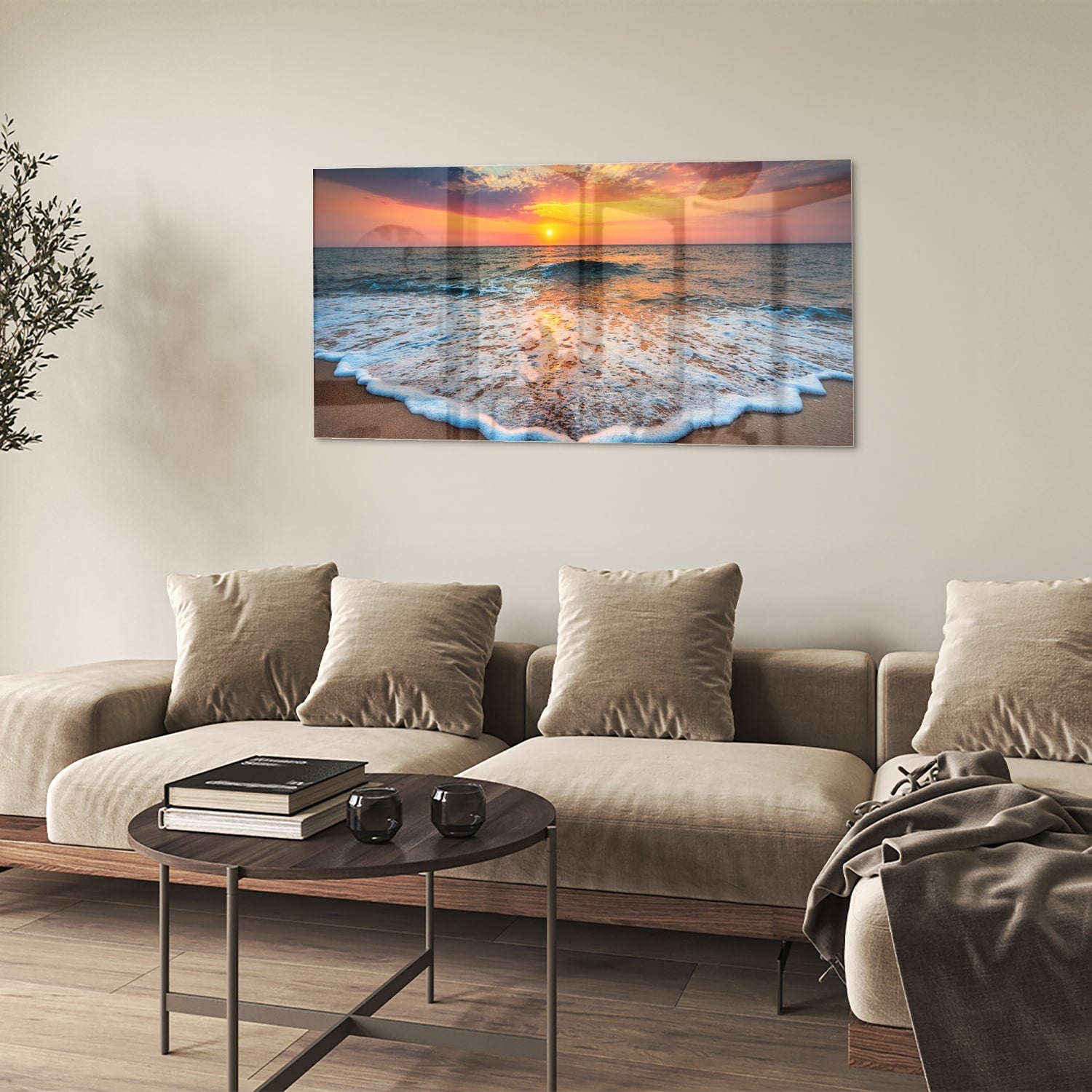 Glasbild – Sonnenuntergang am Strand – Glasbild aus Sicherheitsglas, Größe 90x60