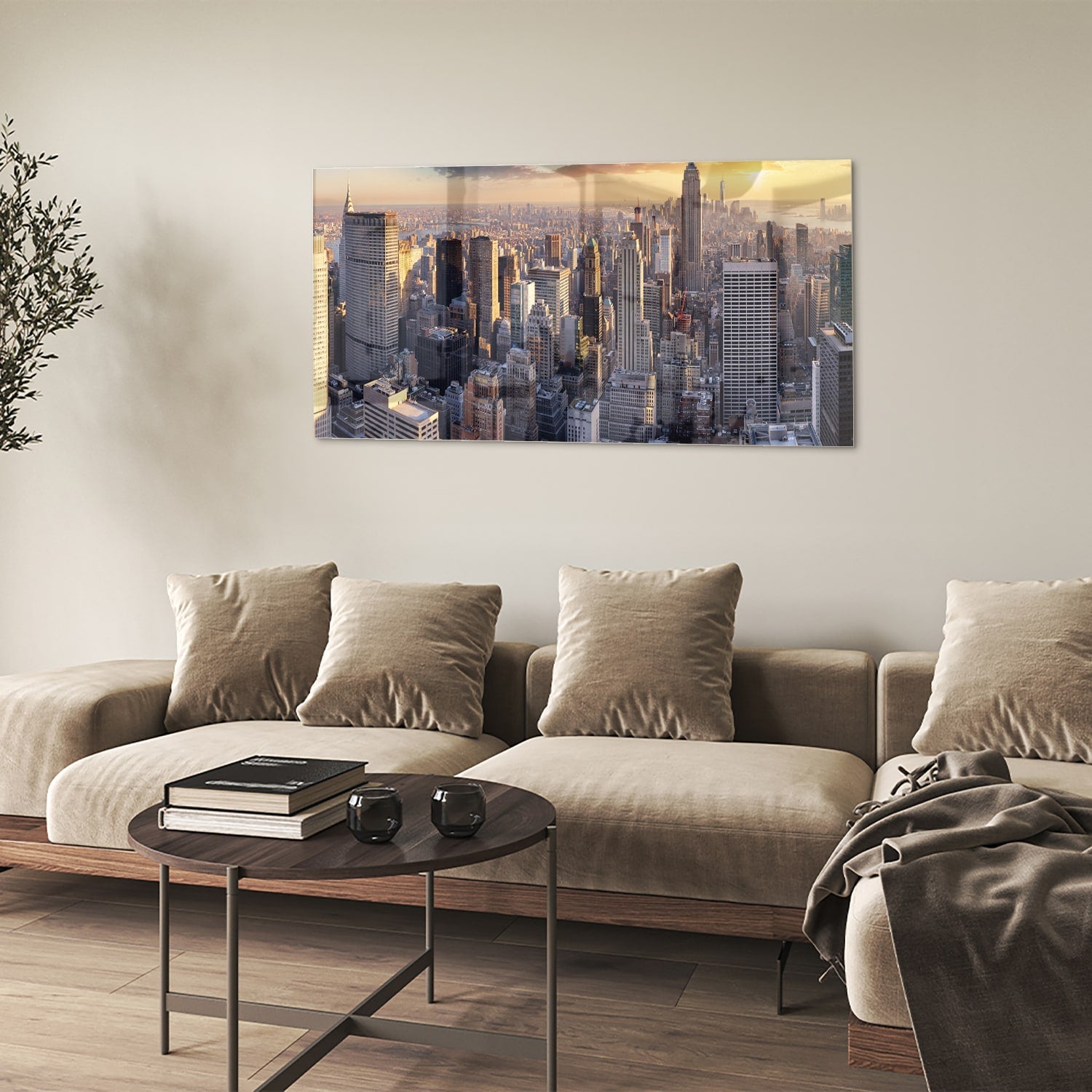 Glasbild mit atemberaubender Aussicht auf New York bei Sonnenuntergang – Glasbild aus Sicherheitsglas, Größe 90x60