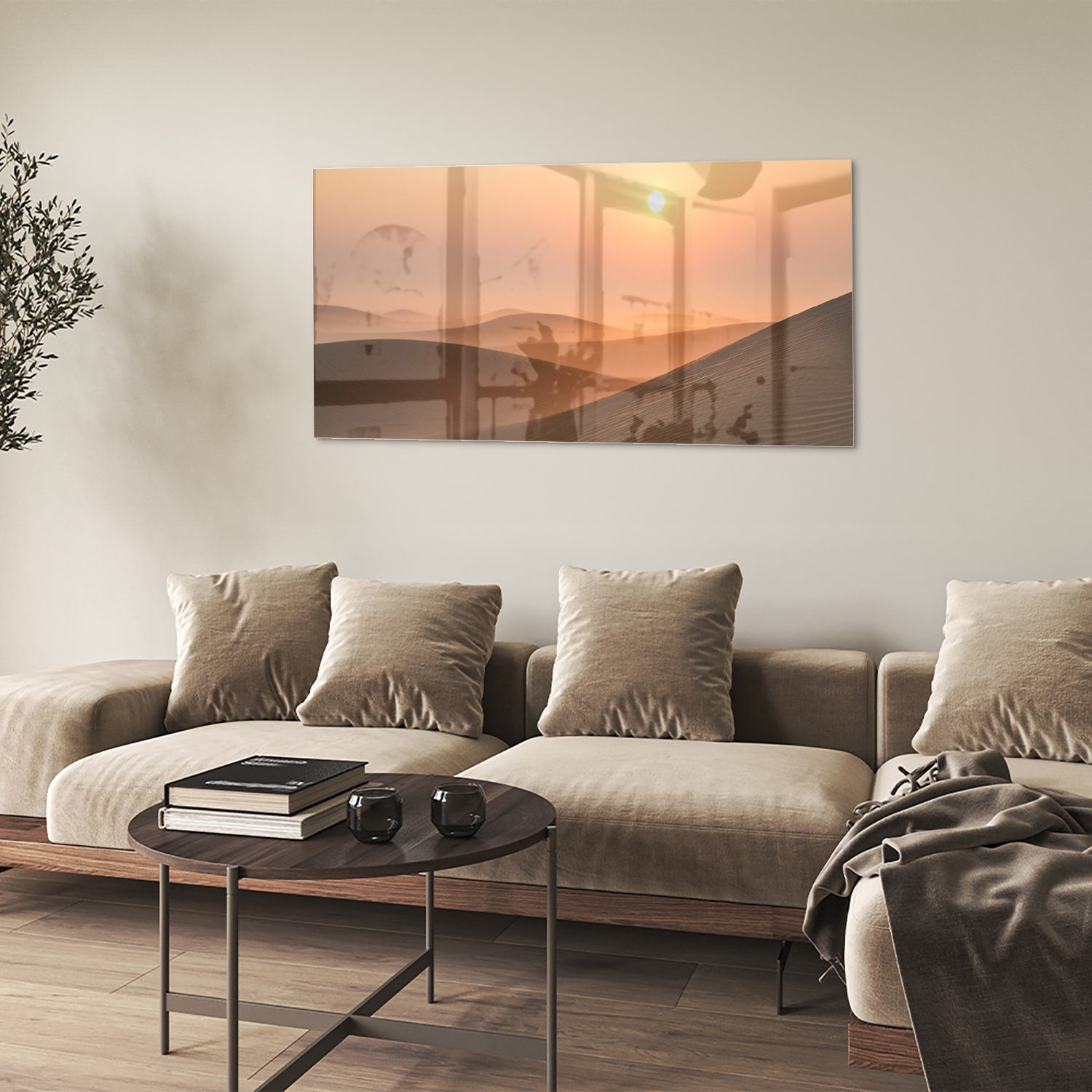 Glasbild mit Sonnenuntergang in warmen Farbtönen – Glasbild aus Sicherheitsglas, Größe 90x60