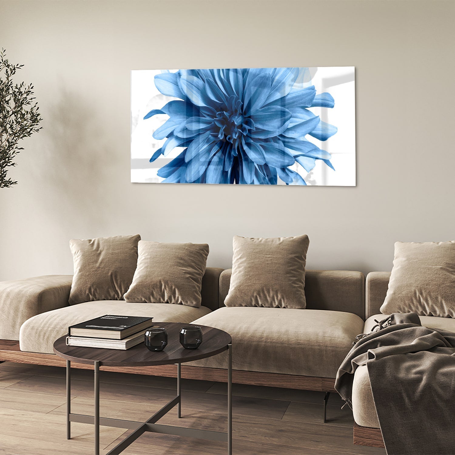 Blaues Glasbild mit einer Blume – Glasbild aus Sicherheitsglas, Größe 90x60