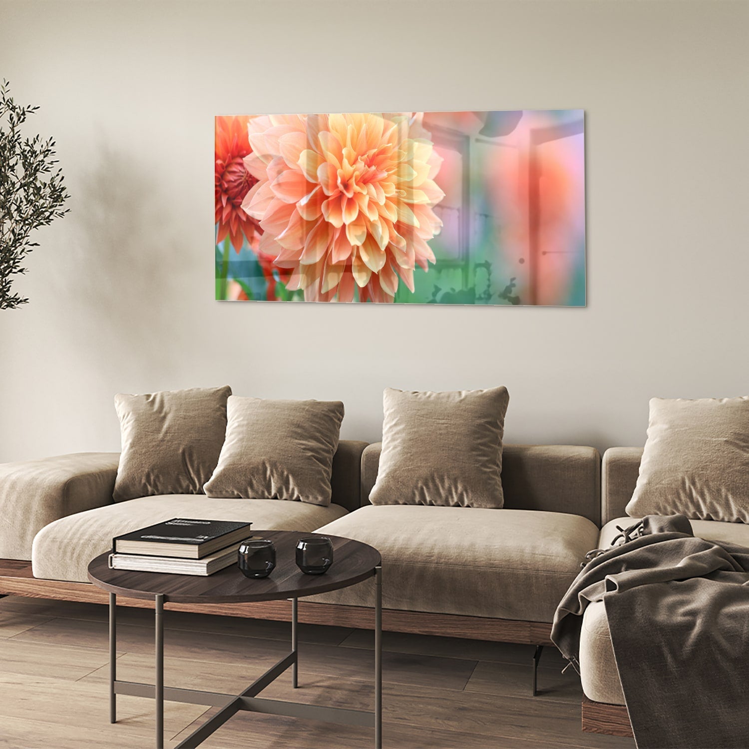 Glasbild mit Pastellrosa Dahlie – Glasbild aus Sicherheitsglas, Größe 90x60