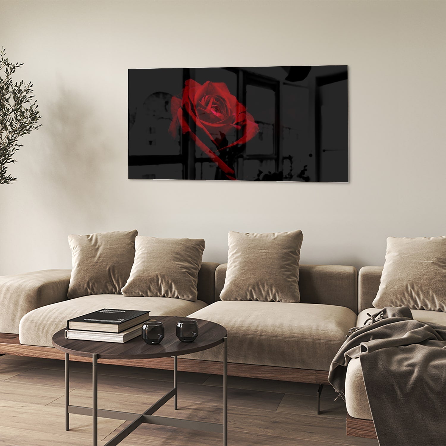 Elegantes Glasbild mit roter Rose auf schwarzem Hintergrund – Glasbild aus Sicherheitsglas, Größe 90x60