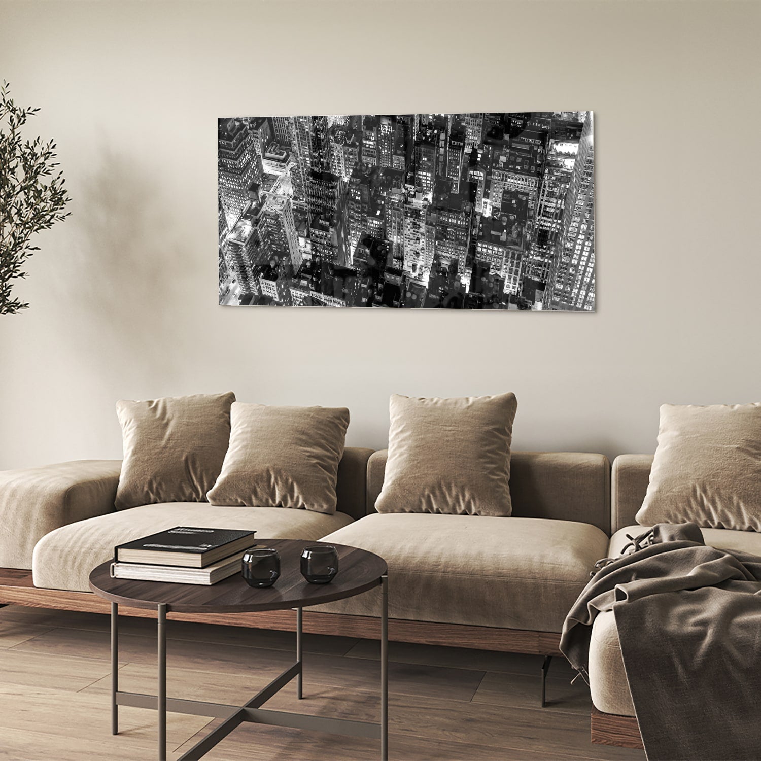 Stad in Schwarz-Weiß Glasbild für modernes Interieur als moderne Glas-Wanddekoration aus 4 mm Sicherheitsglas