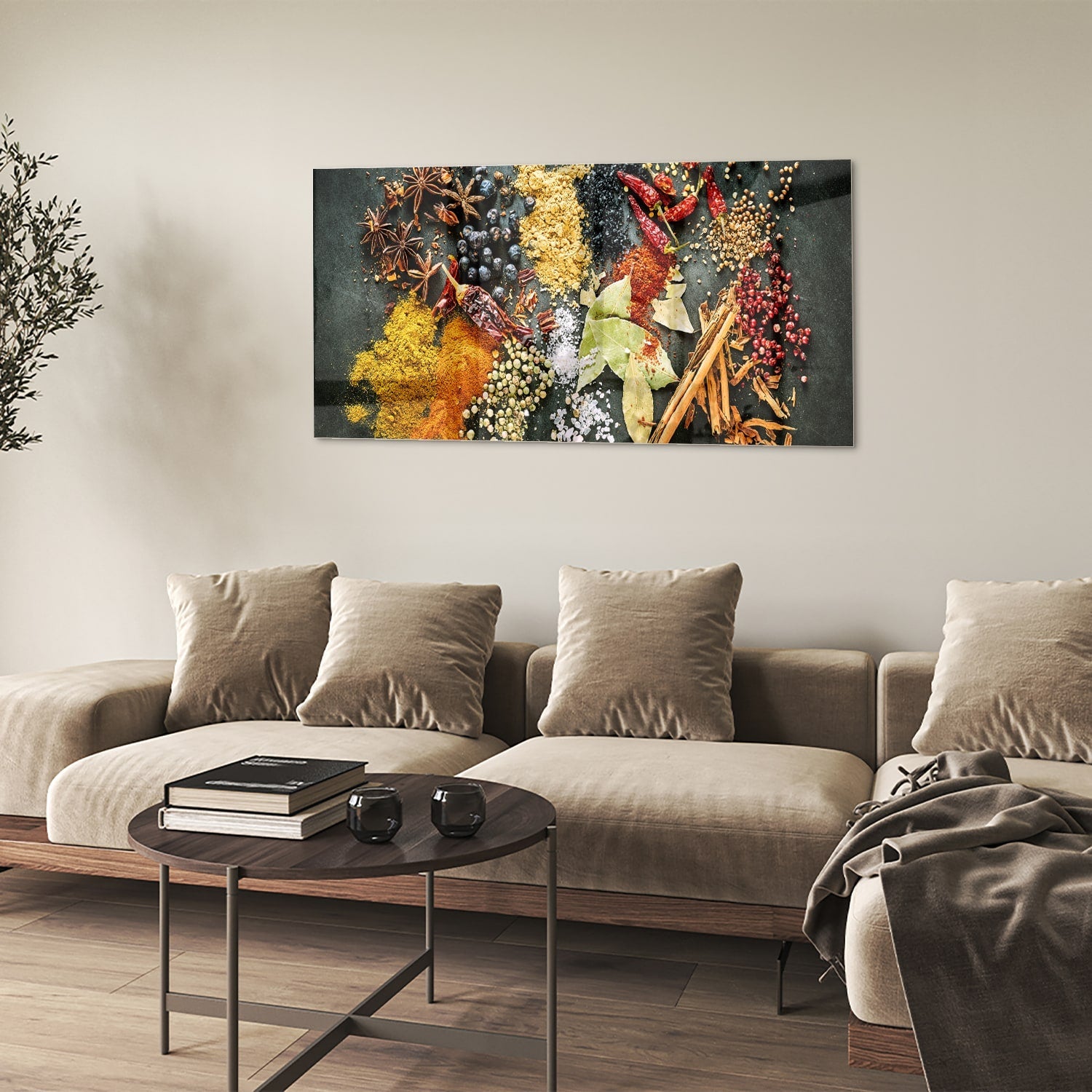 Farbenfrohes Glasbild mit Gewürzen und Blättern – Glasbild aus Sicherheitsglas, Größe 90x60