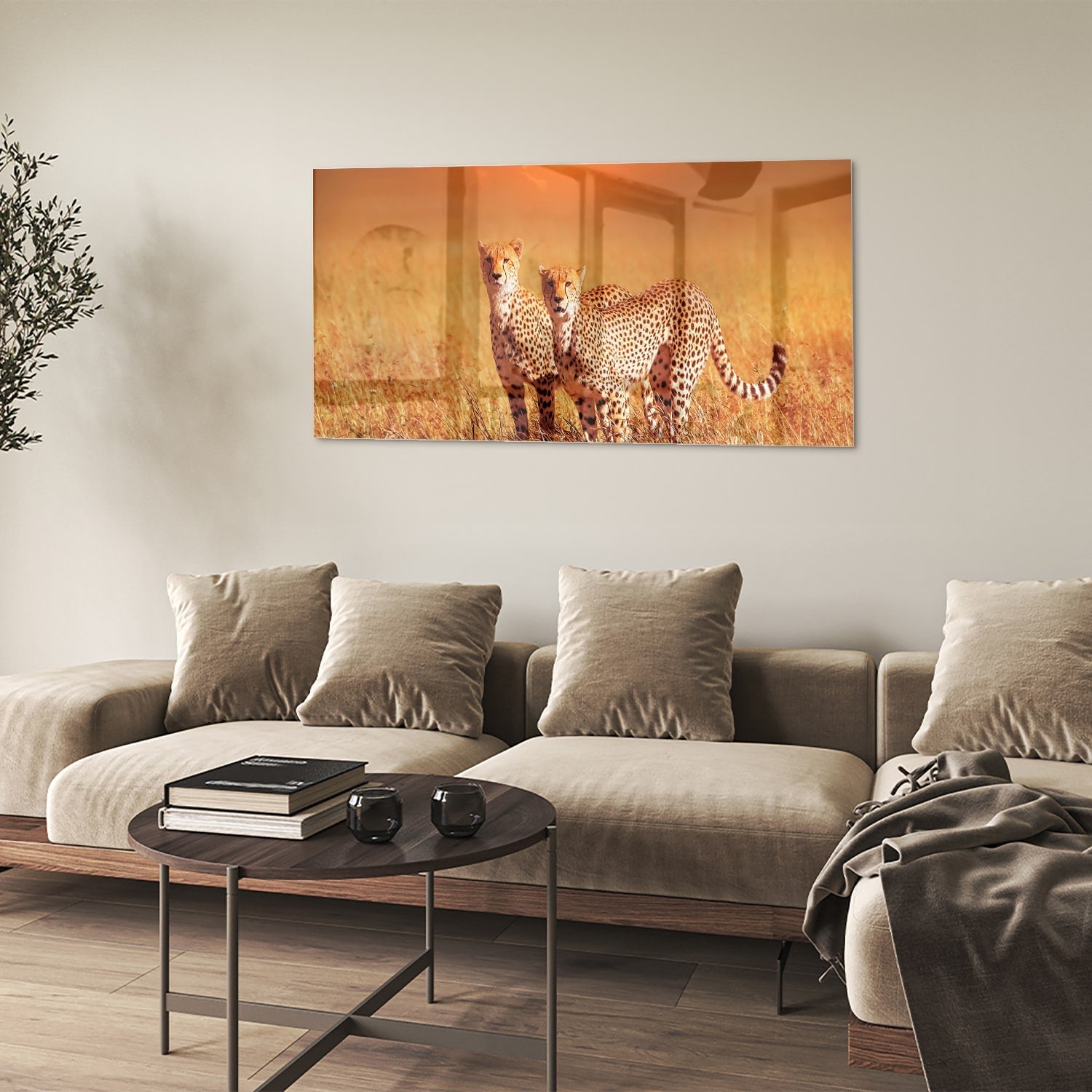 Elegantes Glasbild mit Geparden in der Natur – Glasbild aus Sicherheitsglas, Größe 90x60