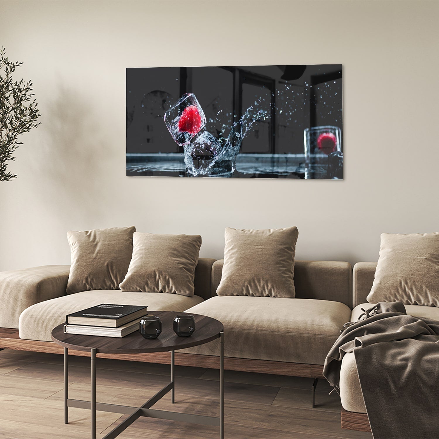 Erfrischendes Glasbild mit Erdbeerspritzern – Glasbild aus Sicherheitsglas, Größe 90x60
