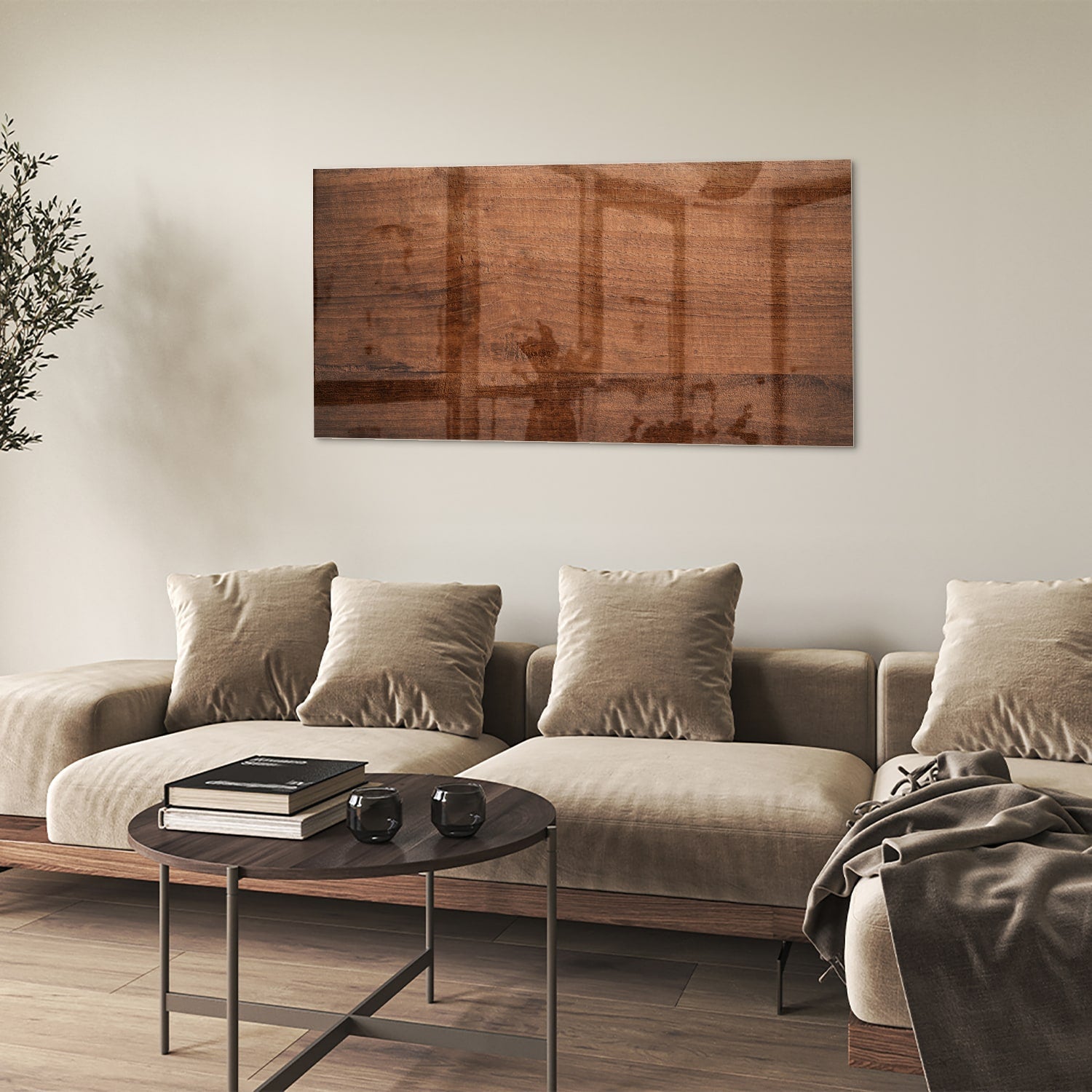 Elegantes Glasbild in warmem Holzton – Glasbild aus Sicherheitsglas, Größe 90x60