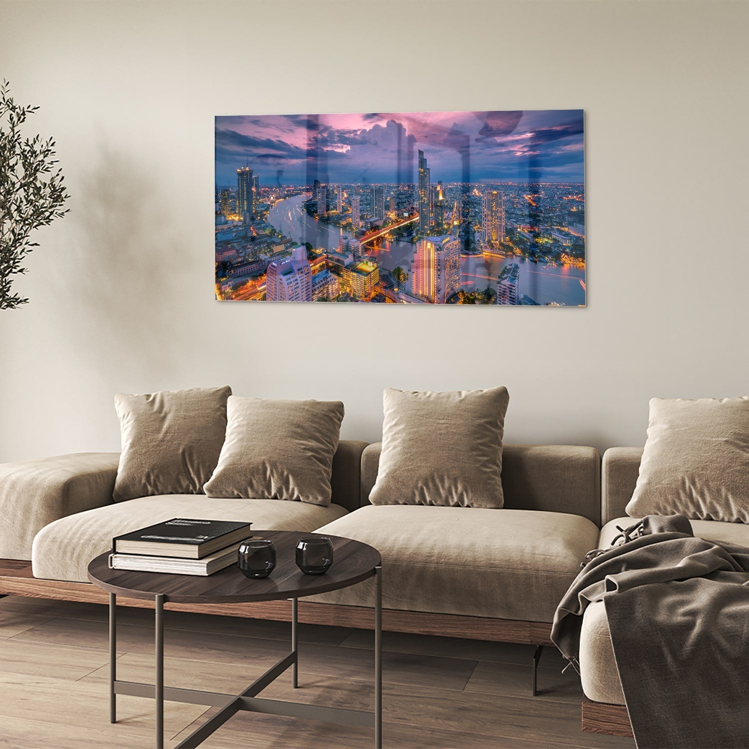 Glasbild mit Stadtblick im Abendlicht – Glasbild aus Sicherheitsglas, Größe 90x60