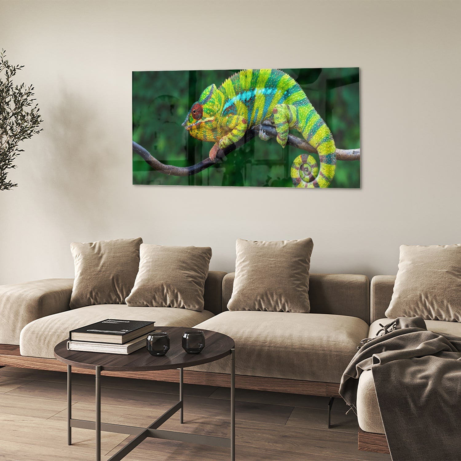 Farbenfrohes Glasbild mit einem Chamäleon – Glasbild aus Sicherheitsglas, Größe 90x60