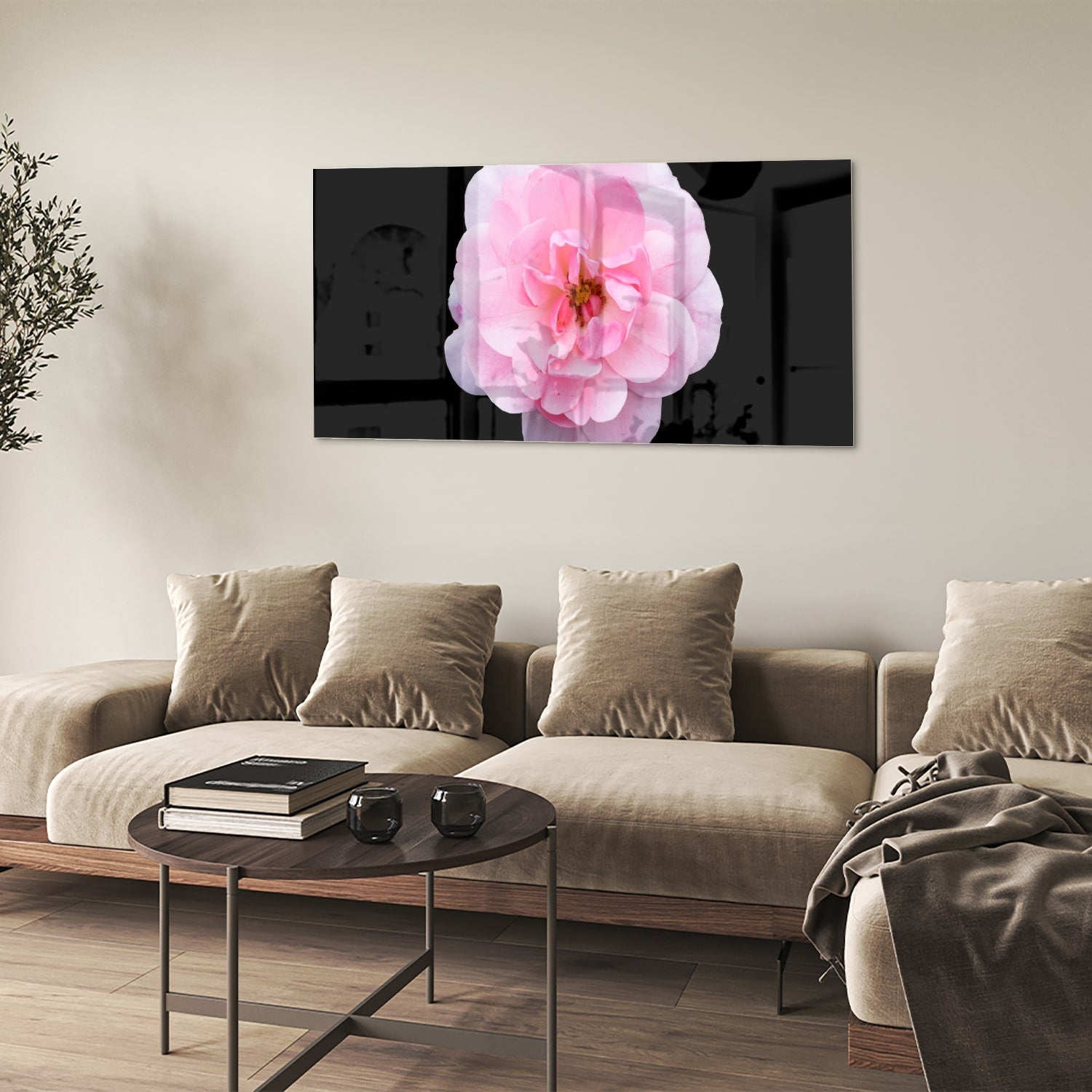 Elegantes Glasbild mit rosa Blume auf schwarzem Hintergrund – Glasbild aus Sicherheitsglas, Größe 90x60