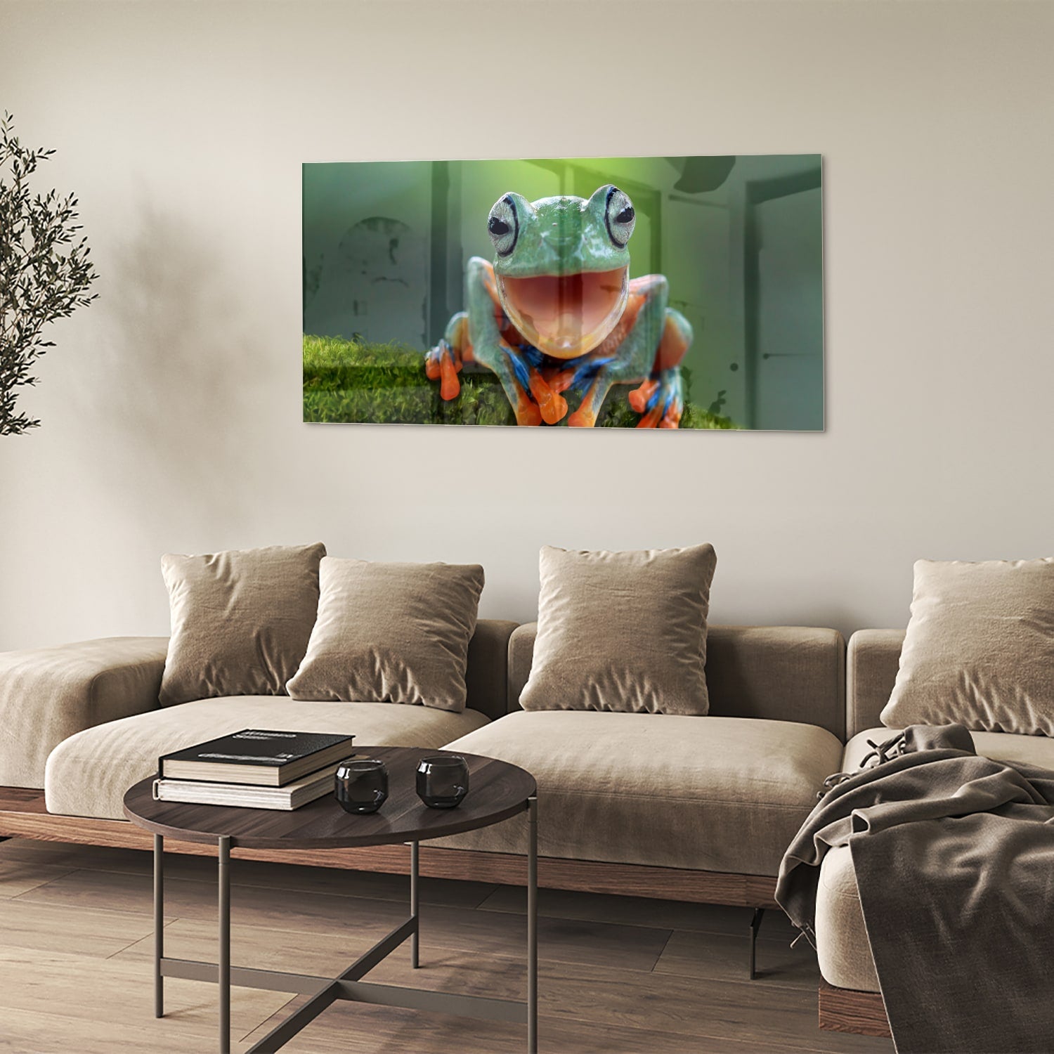 Fröhliches Glasbild mit Laubfrosch – Glasbild aus Sicherheitsglas, Größe 90x60