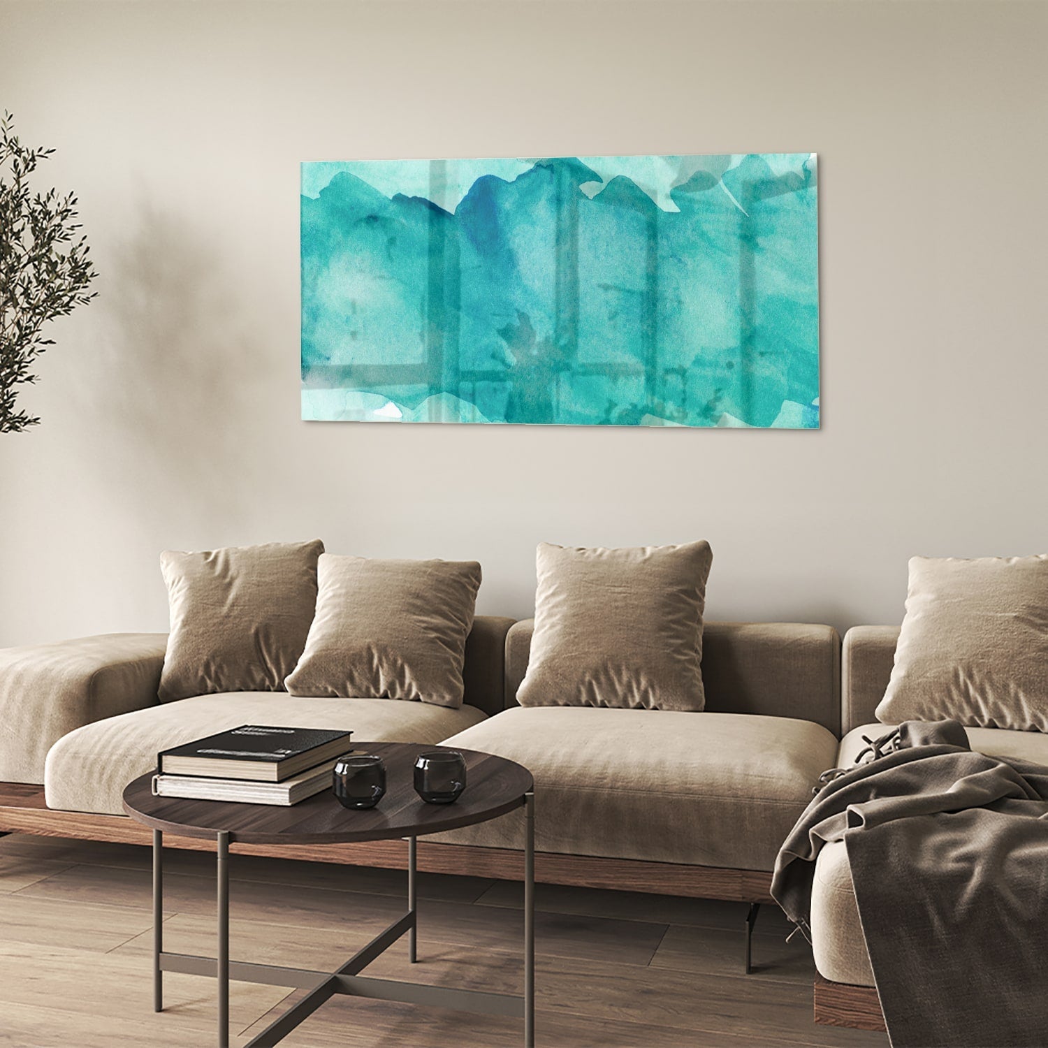 Abstraktes türkisfarbenes Glasbild für moderne Innenräume – Glasbild aus Sicherheitsglas, Größe 90x60