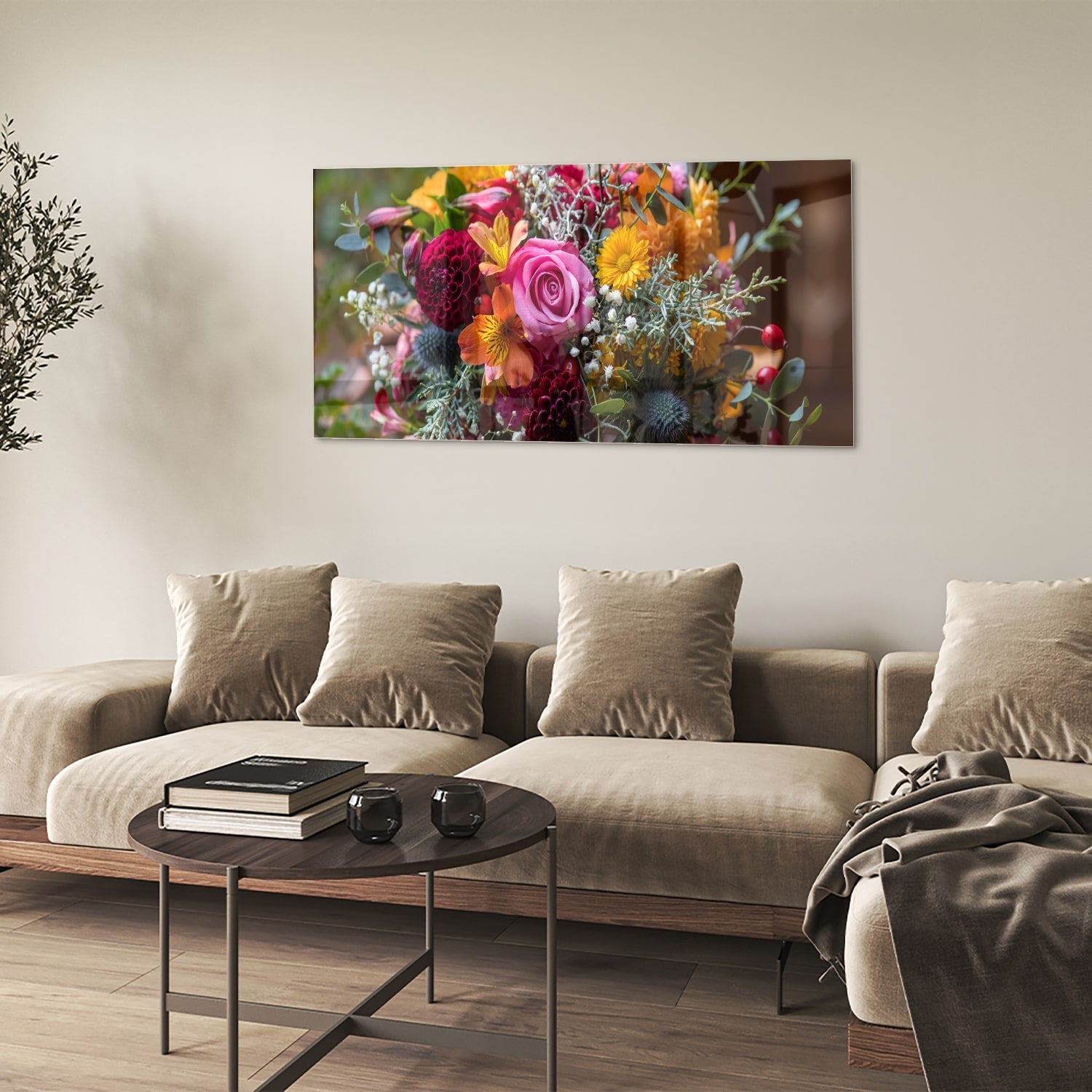 Farbenfrohes Glasbild mit einem Blumenstrauß – Glasbild aus Sicherheitsglas, Größe 90x60