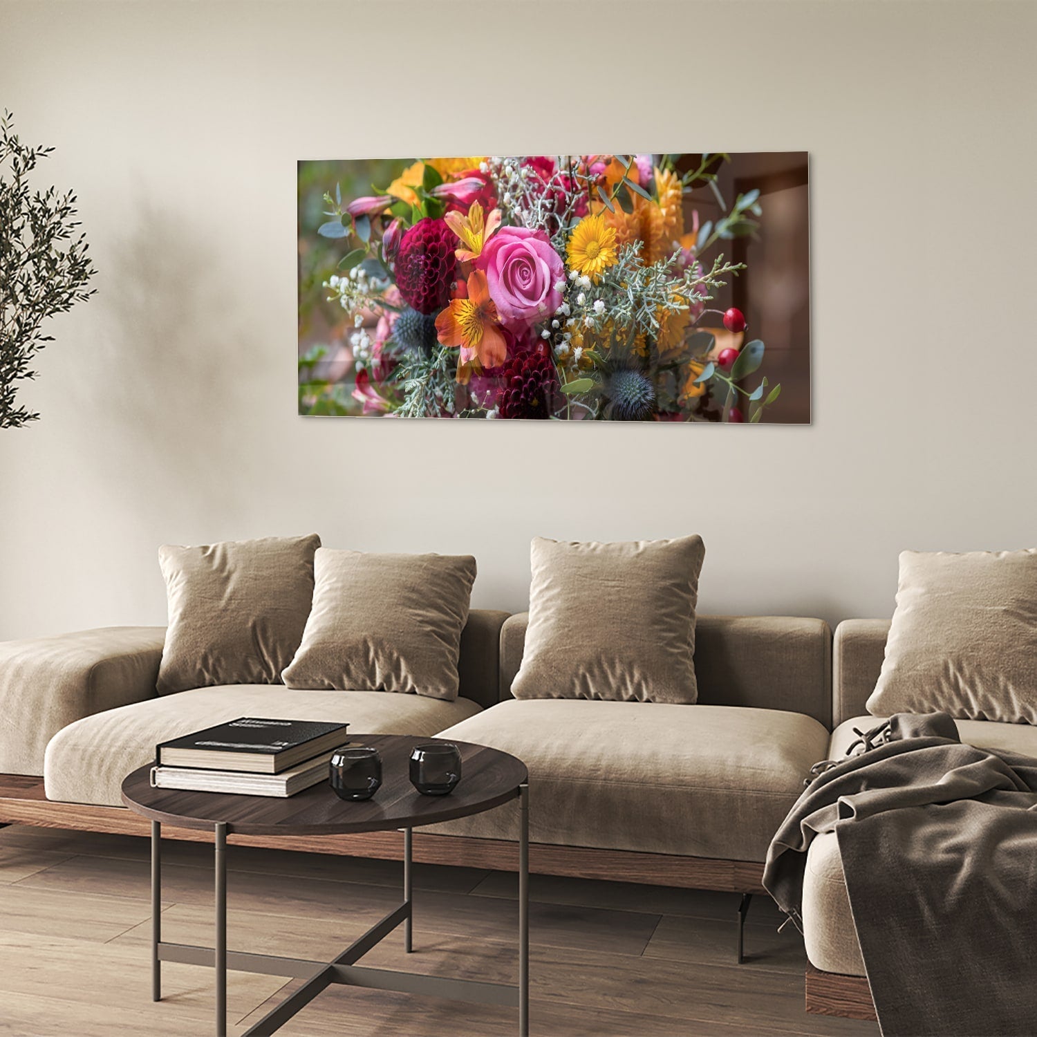 Glasbild farbenfrohes Glas mit einem boeket Blumen als moderne Glas-Wanddekoration aus 4 mm Sicherheitsglas