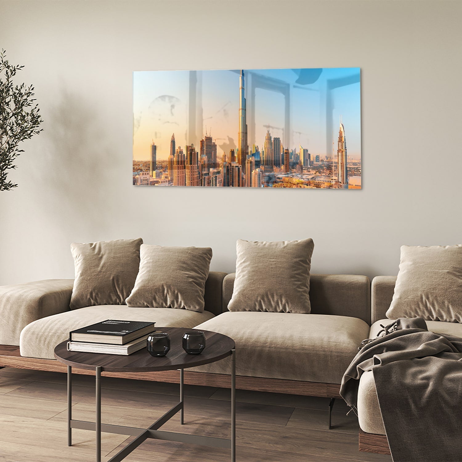 Modernes Glasbild mit Skyline Dubai – Glasbild aus Sicherheitsglas, Größe 90x60
