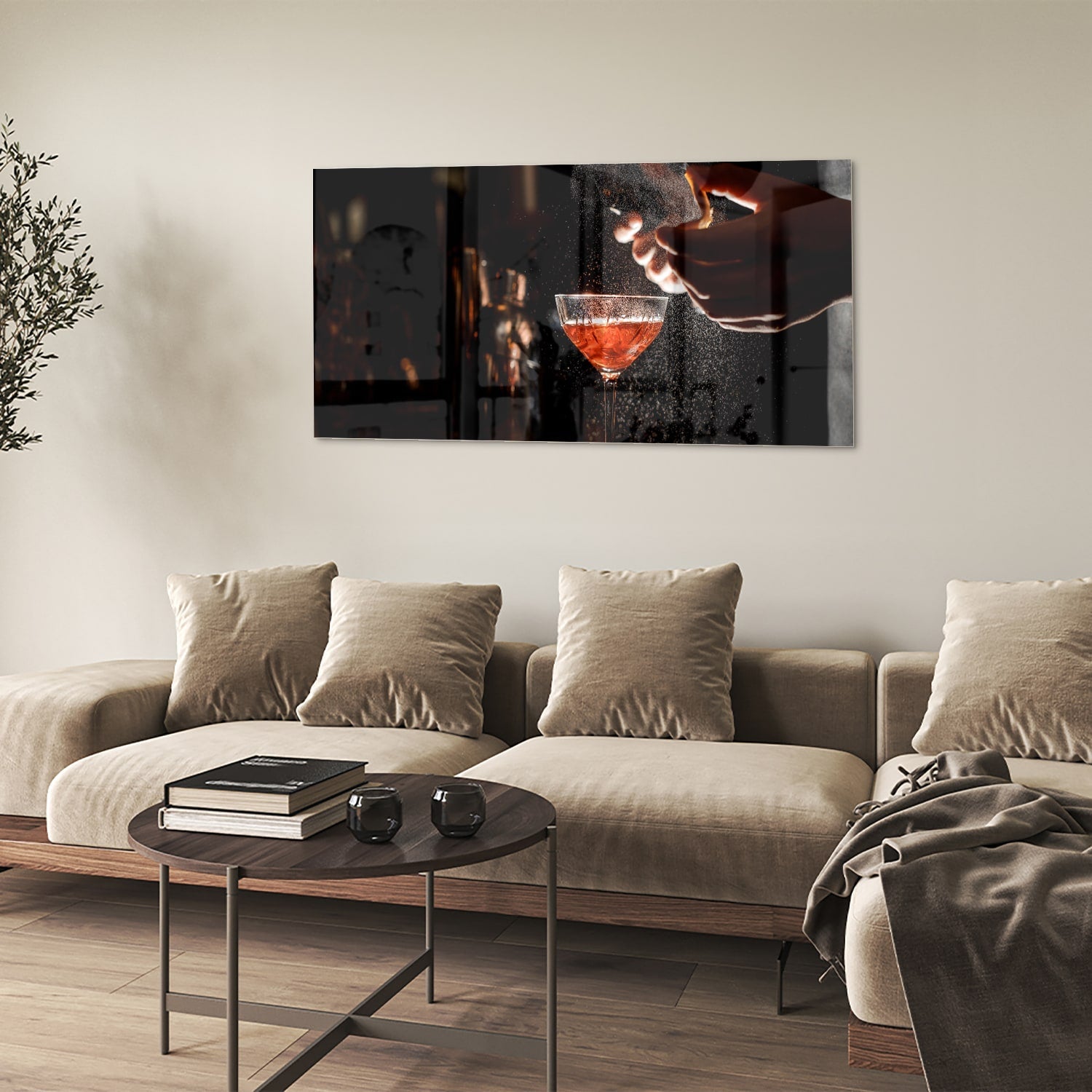 Elegantes Glasbild mit Cocktails in stimmungsvoller Szenerie – Glasbild aus Sicherheitsglas, Größe 90x60
