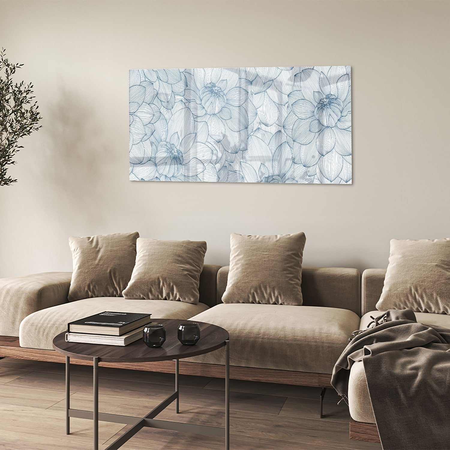 Elegantes Glasbild mit Blumendesign in Blau – Glasbild aus Sicherheitsglas, Größe 90x60