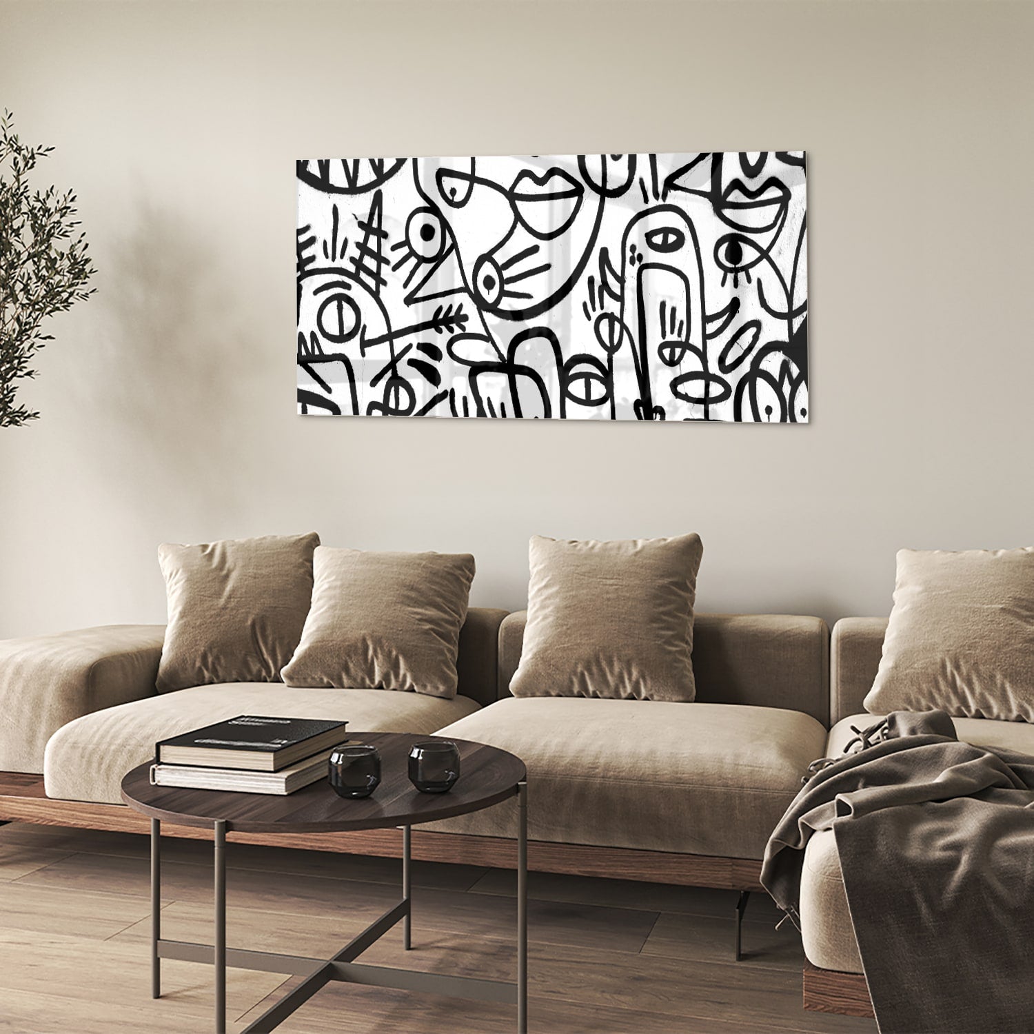 Abstraktes Schwarz-Weiß-Glasbild mit Formen – Glasbild aus Sicherheitsglas, Größe 90x60