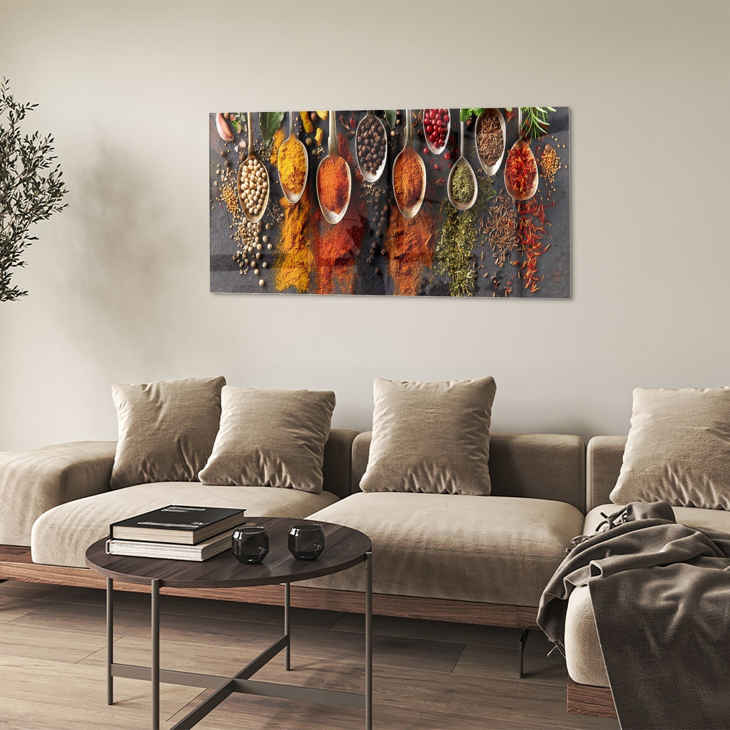 Farbenfrohes Glasbild mit Kräutern und Gewürzen – Glasbild aus Sicherheitsglas, Größe 90x60