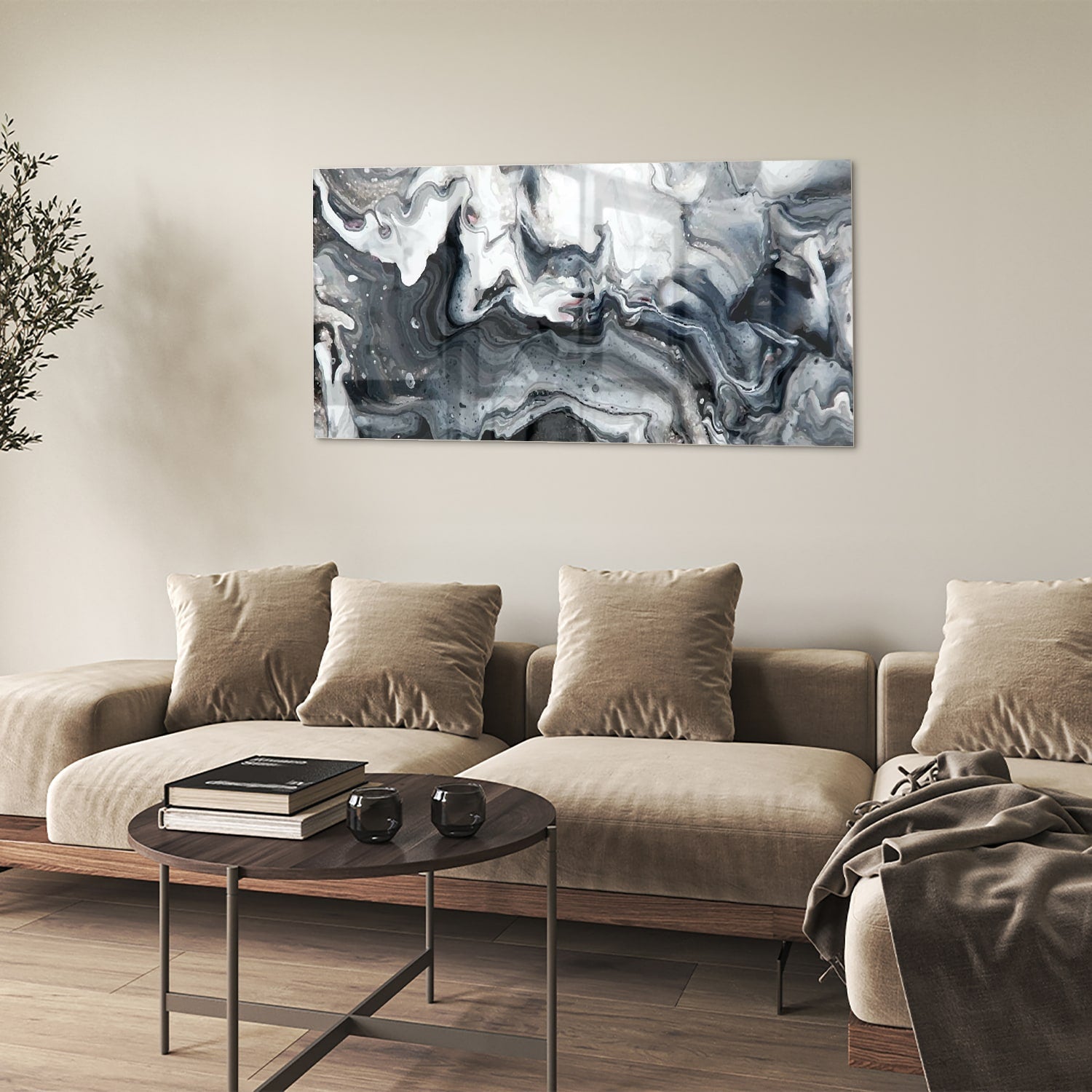 Abstraktes Glasbild in Grautönen – Glasbild aus Sicherheitsglas, Größe 90x60