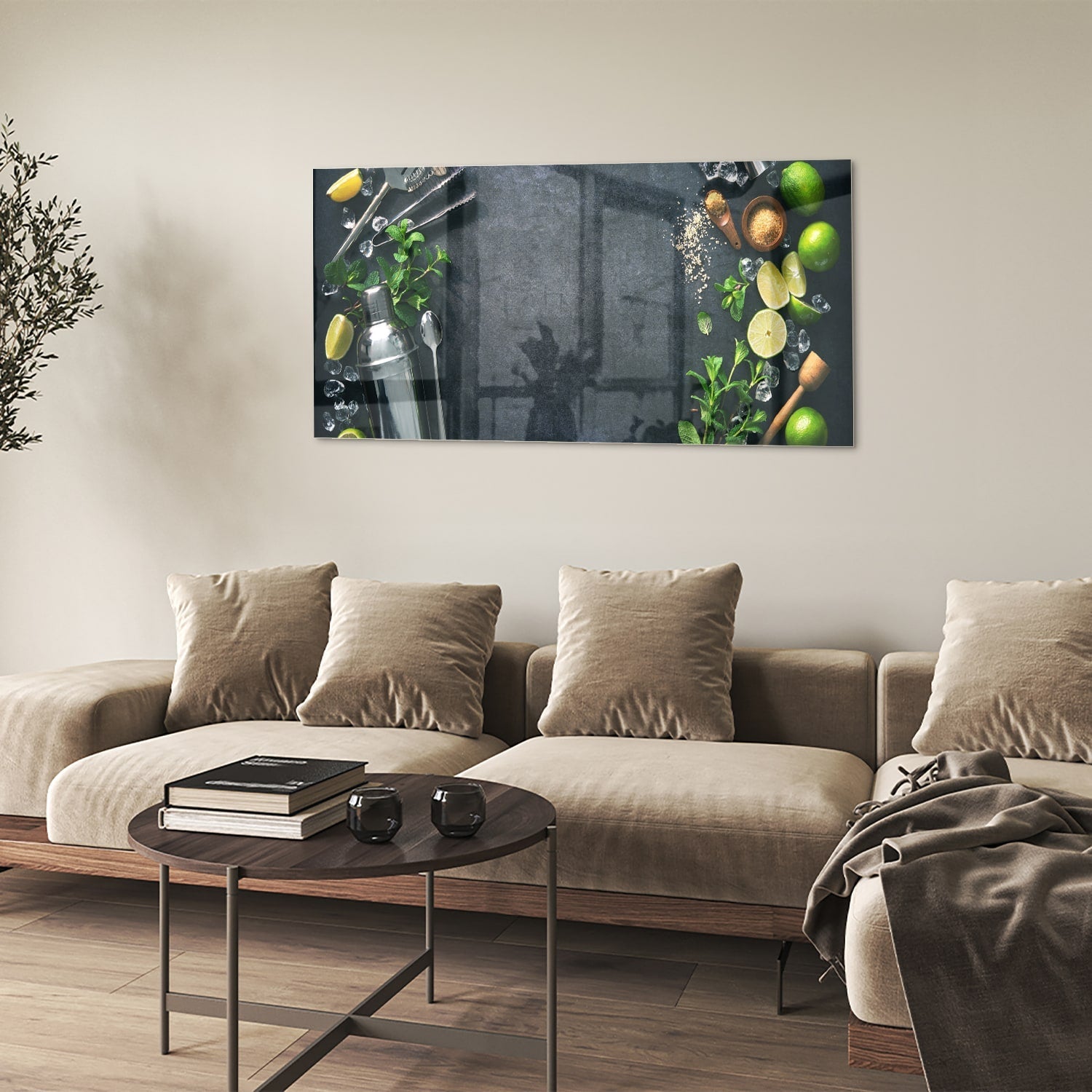 Elegantes Glasbild mit Kräutern und Zitronen – Glasbild aus Sicherheitsglas, Größe 90x60