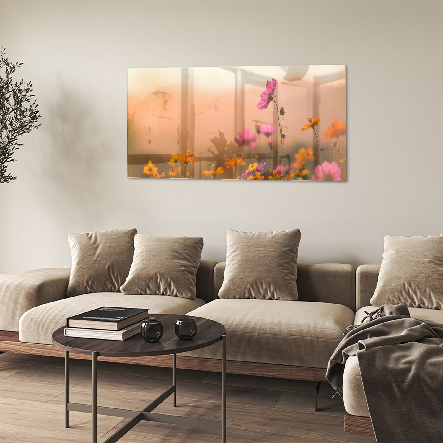 Wunderschönes Glasbild mit Blumen in Pastellfarben – Glasbild aus Sicherheitsglas, Größe 90x60