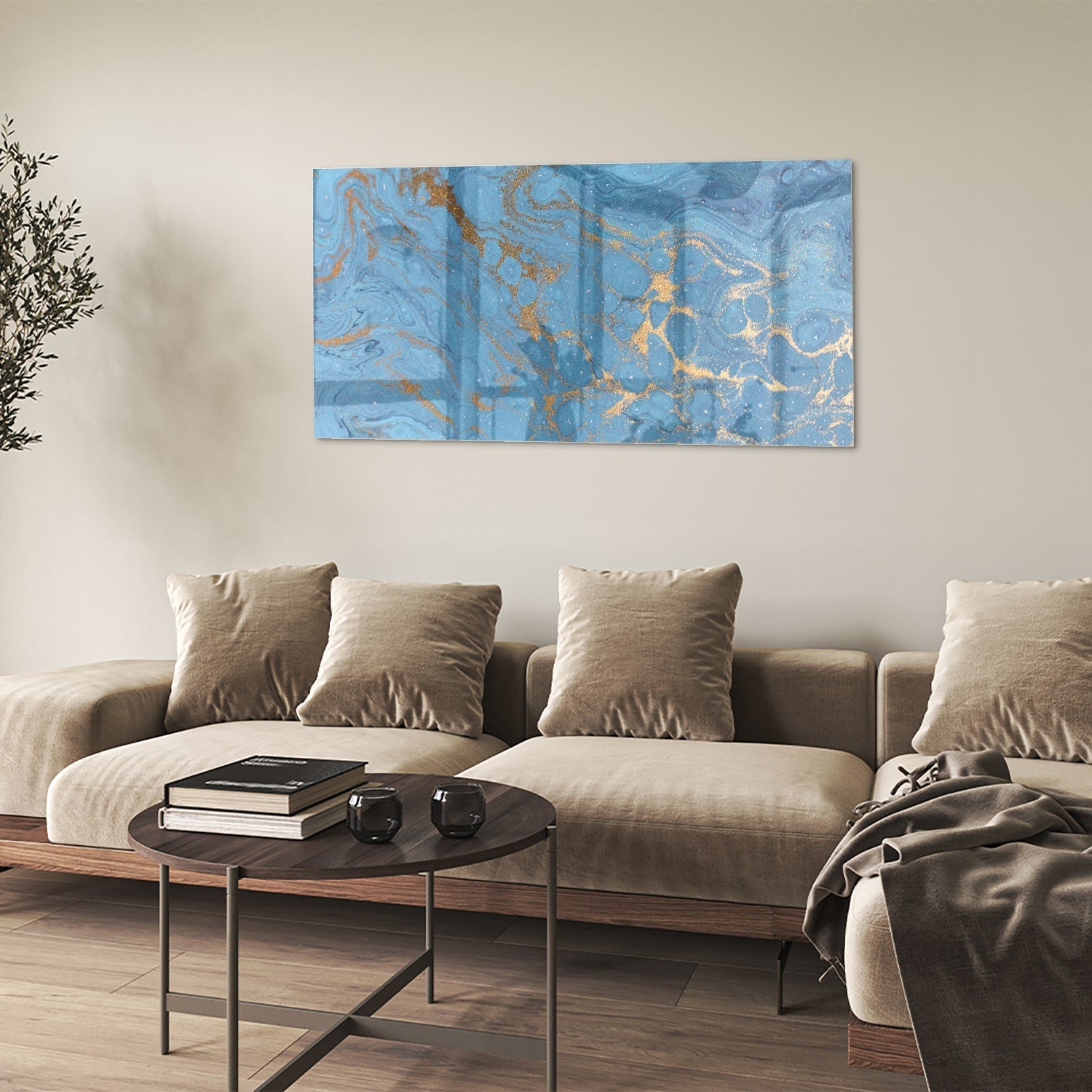 Elegantes Glasbild in blauen und goldenen Farbtönen – Glasbild aus Sicherheitsglas, Größe 90x60