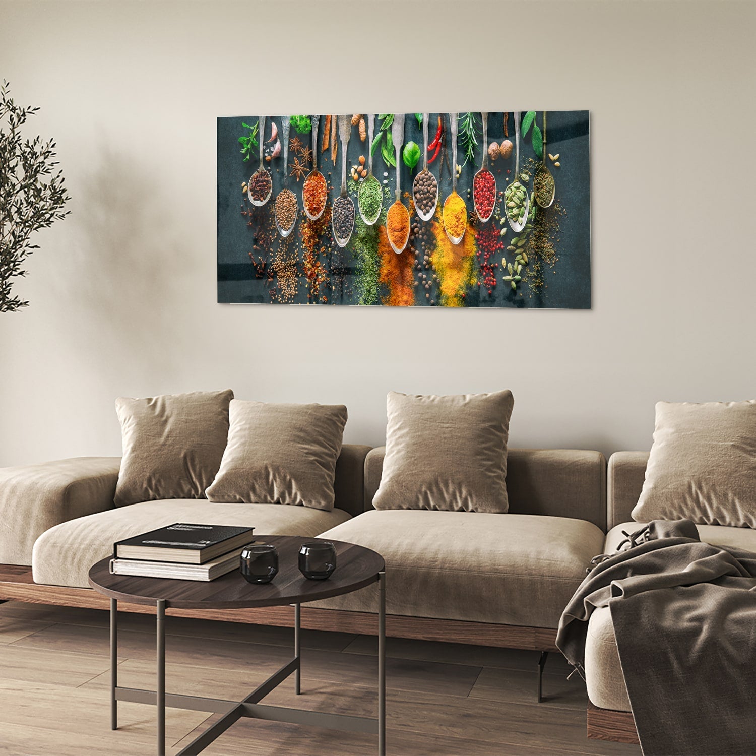Farbenfrohes Glasbild mit Gewürzen und Kräutern – Glasbild aus Sicherheitsglas, Größe 90x60