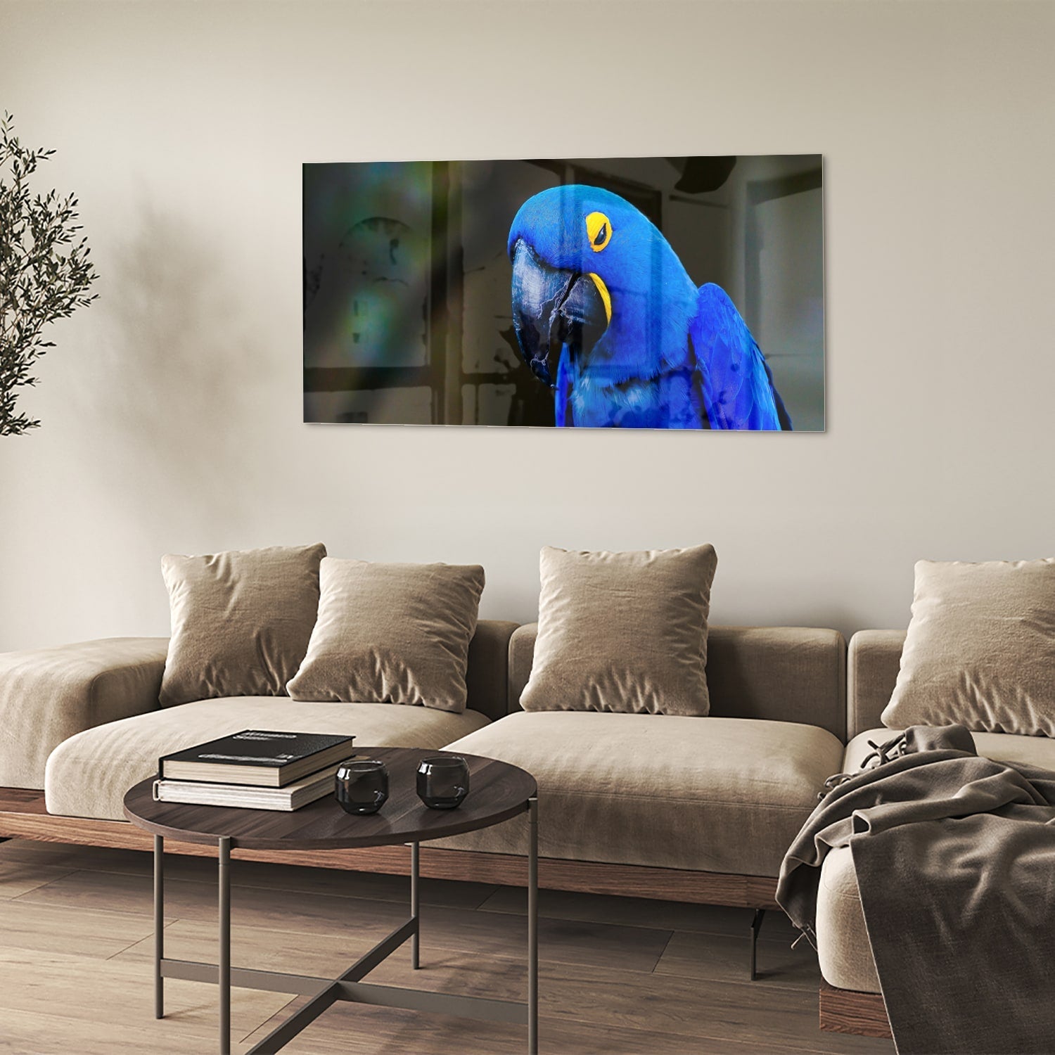 Glasbild mit einem wunderschönen blauen Ara – Glasbild aus Sicherheitsglas, Größe 90x60
