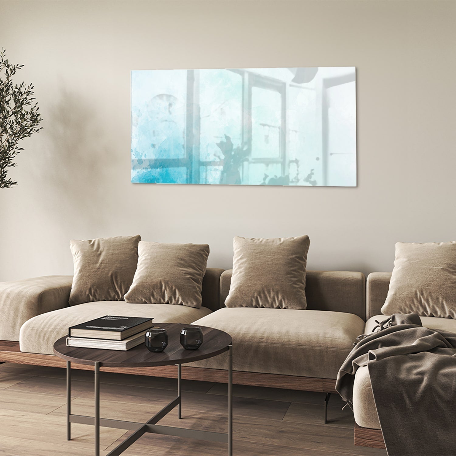 Abstraktes Glasbild in blauen und türkisen Farbtönen – Glasbild aus Sicherheitsglas, Größe 90x60