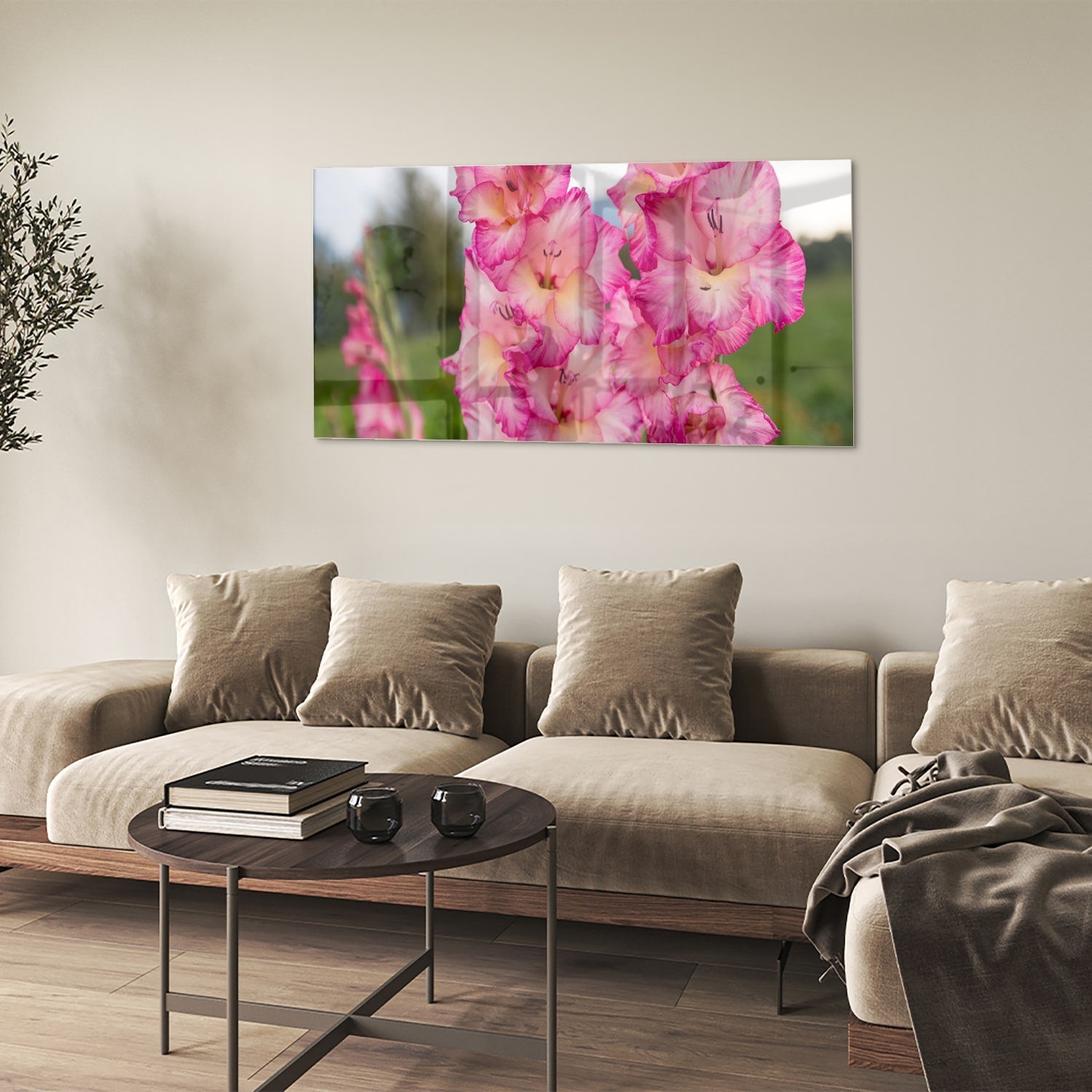 Glasbild mit wunderschönen rosa Gladiolen – Glasbild aus Sicherheitsglas, Größe 90x60