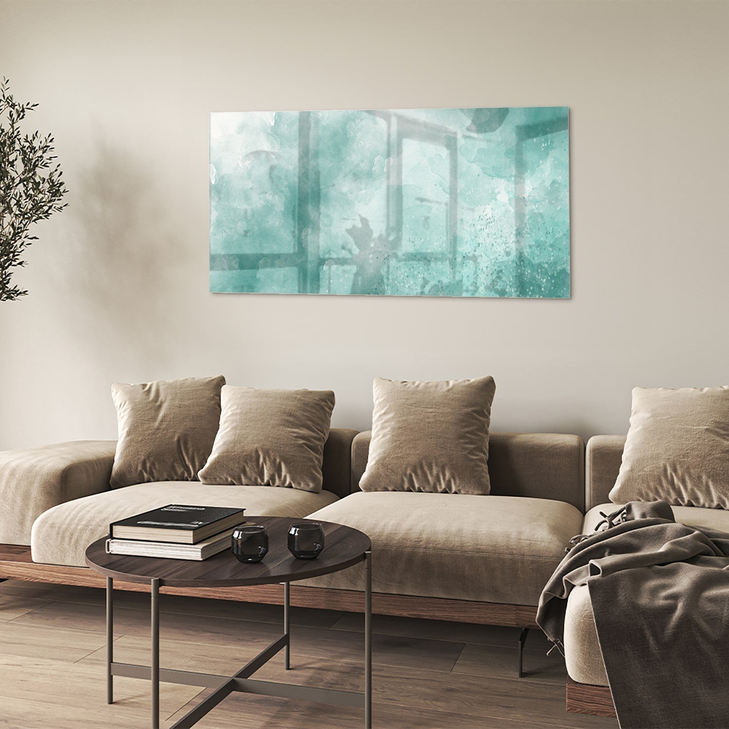 Abstraktes Glasbild in Aquablau – Glasbild aus Sicherheitsglas, Größe 90x60