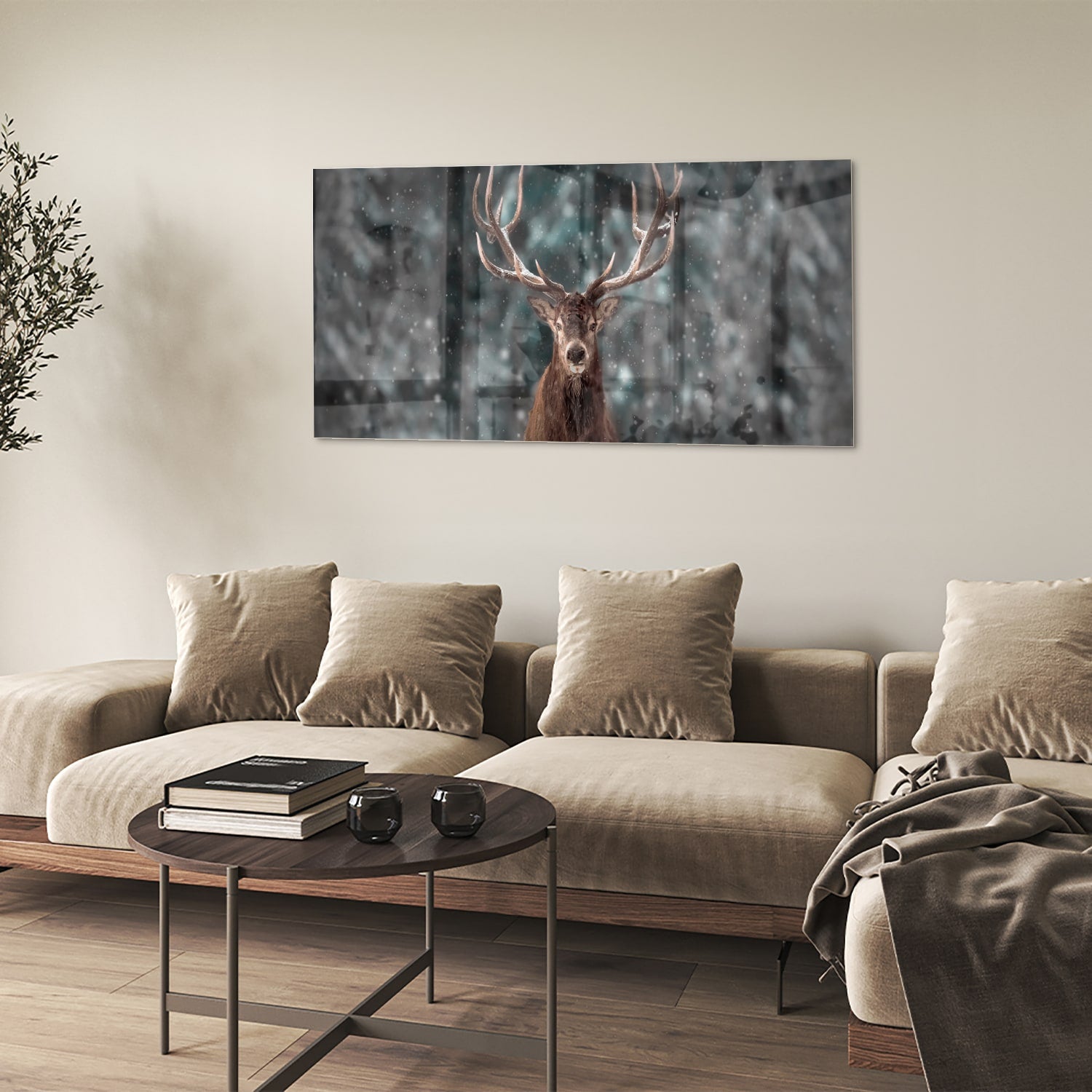 Glasbild mit majestätischem Hirsch in winterlicher Umgebung – Glasbild aus Sicherheitsglas, Größe 90x60