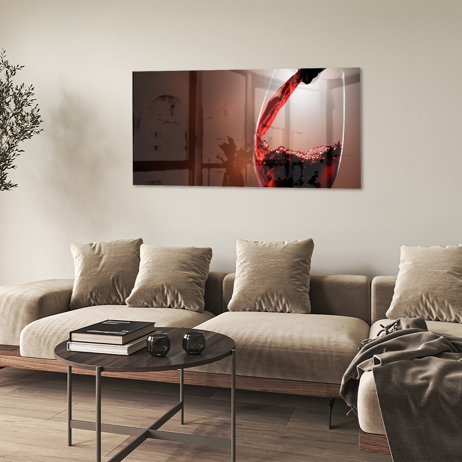 Glasbild mit Rotwein in einem stilvollen Raum – Glasbild aus Sicherheitsglas, Größe 90x60