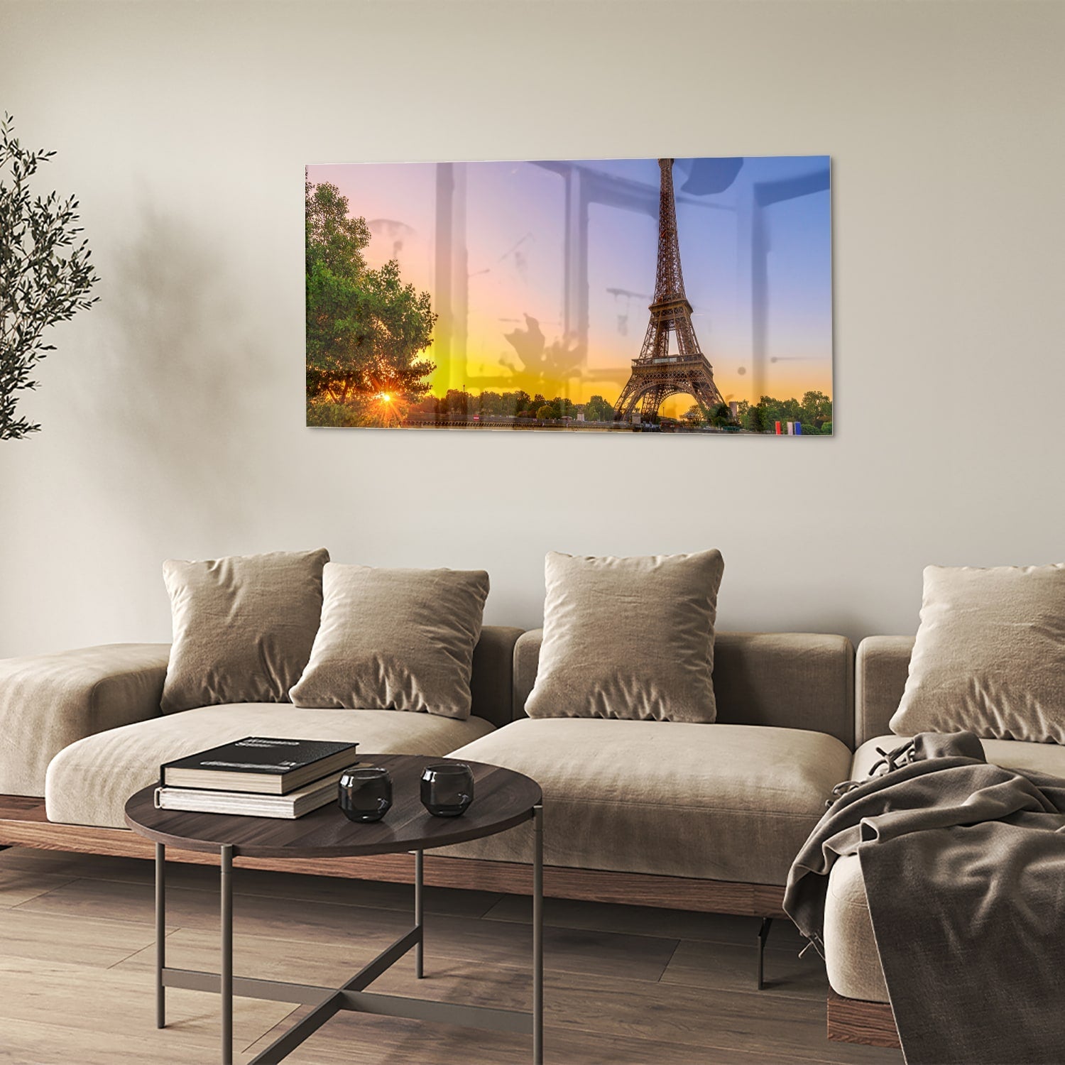 Glasbild mit dem Eiffelturm bei Sonnenuntergang – Glasbild aus Sicherheitsglas, Größe 90x60