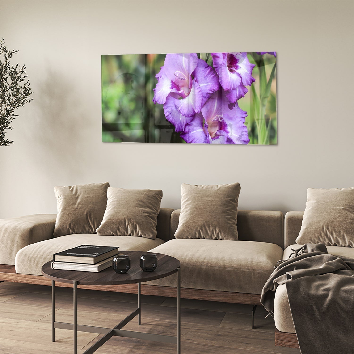 Violette Gladiolen: elegantes Glasbild für Zuhause – Glasbild aus Sicherheitsglas, Größe 90x60