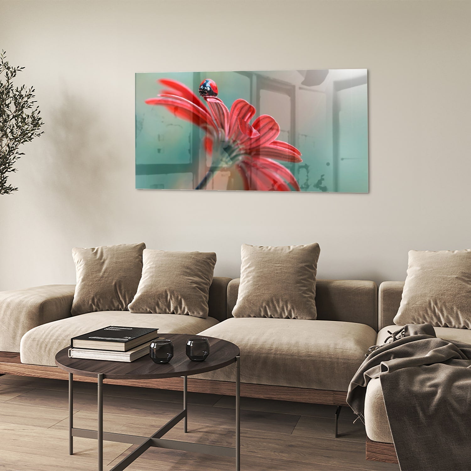 Glasbild mit einer Blume und einem Marienkäfer – Glasbild aus Sicherheitsglas, Größe 90x60