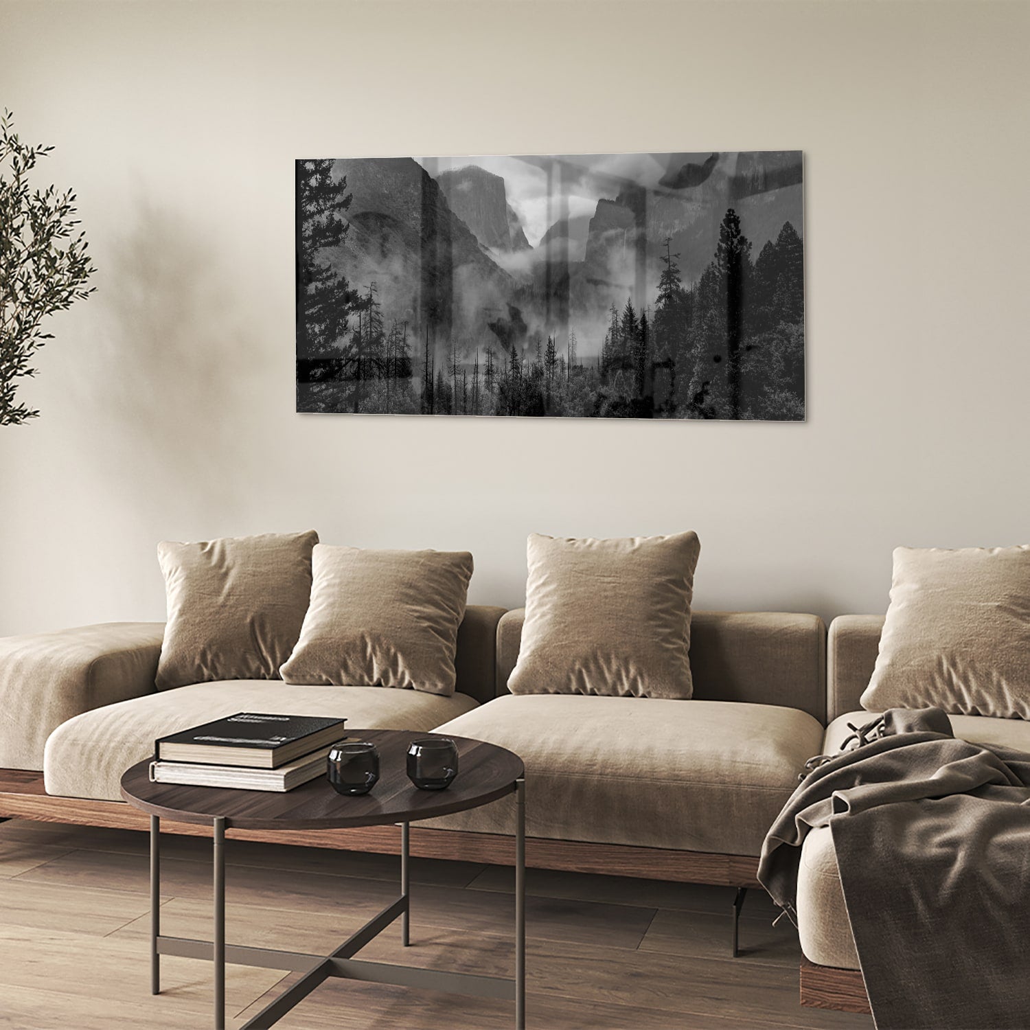 Schwarz-Weiß-Glasbild mit Berglandschaft – Glasbild aus Sicherheitsglas, Größe 90x60