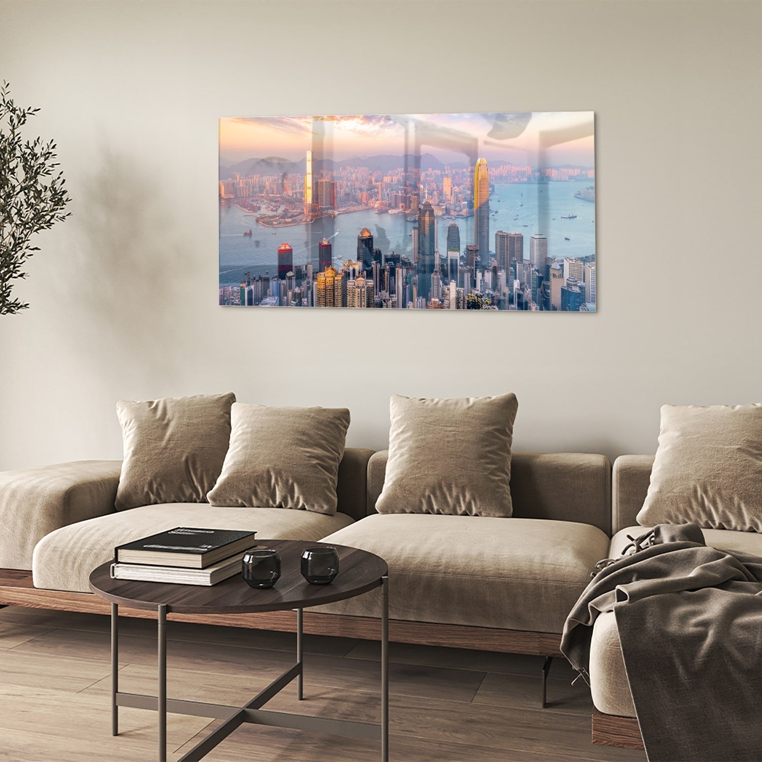 Glasbild mit Stadtansicht bei Sonnenuntergang – Glasbild aus Sicherheitsglas, Größe 90x60