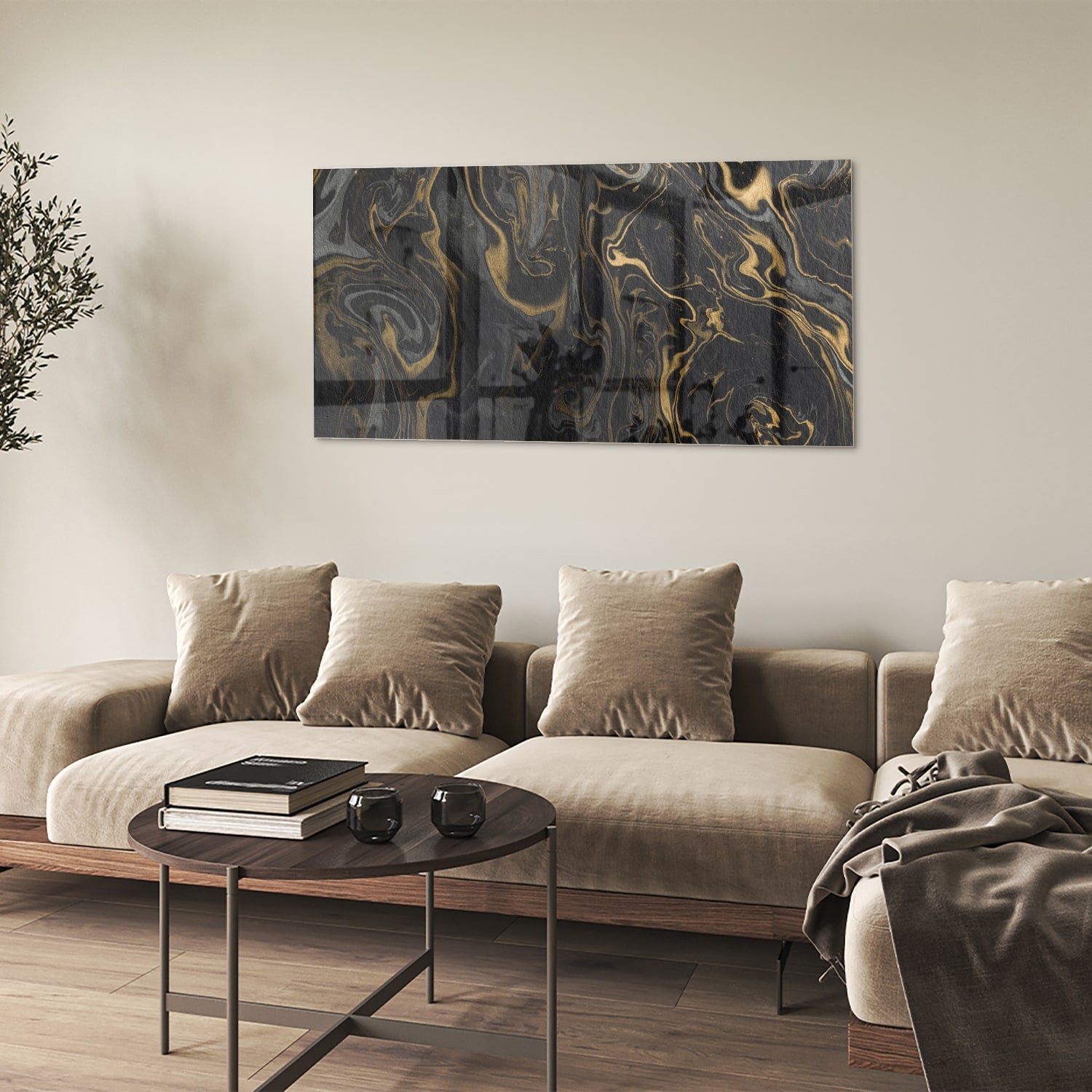 Elegantes schwarz-goldenes Glasbild für Ihr Wohnzimmer – Glasbild aus Sicherheitsglas, Größe 90x60