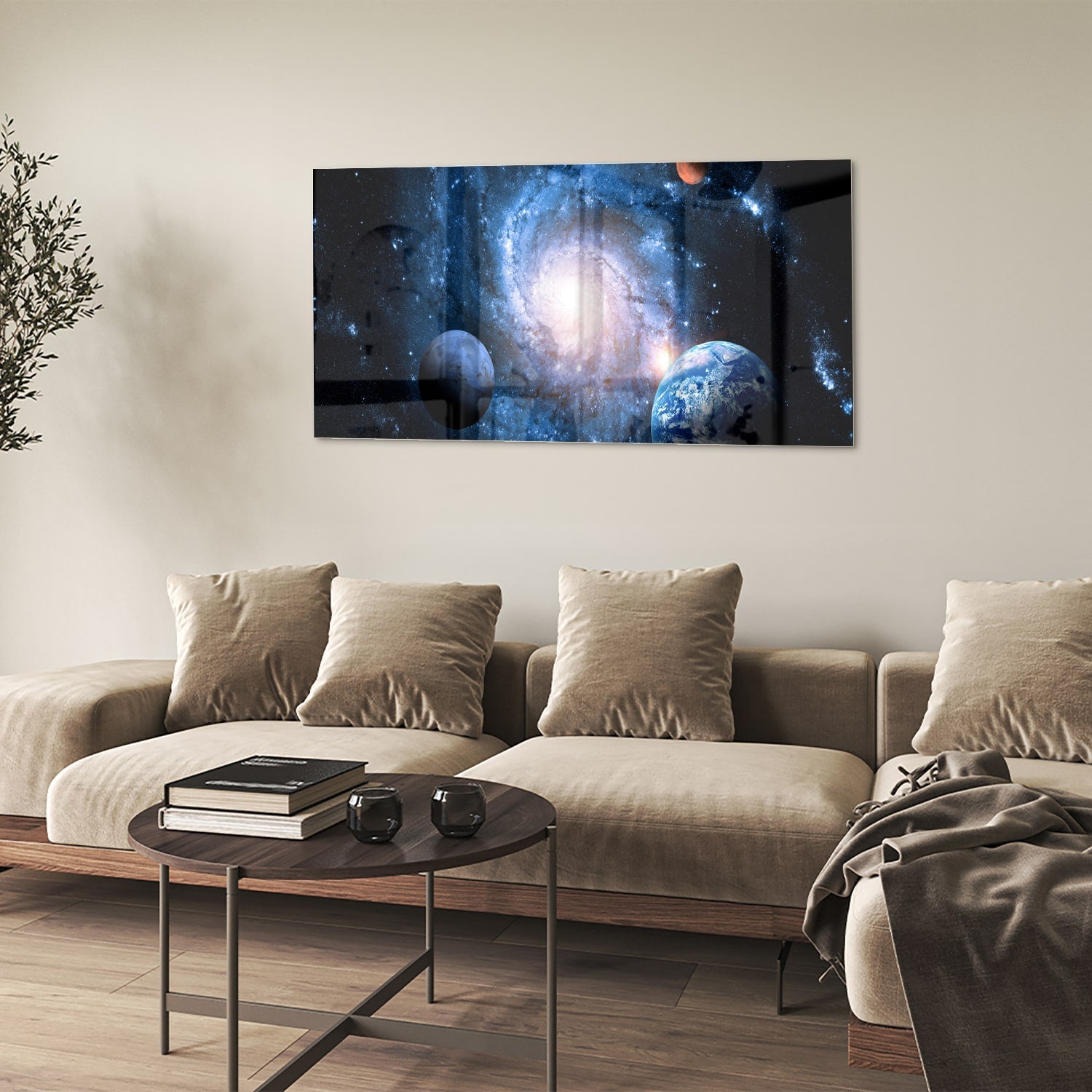 Glasbild mit Weltall und Planeten – Glasbild aus Sicherheitsglas, Größe 90x60