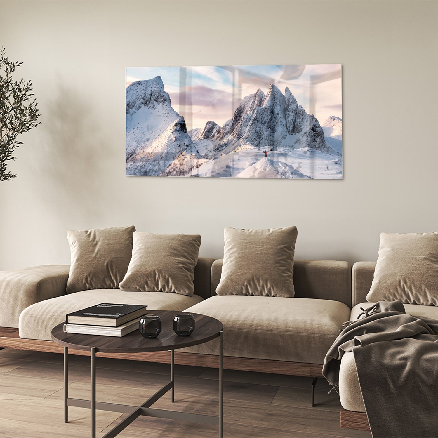 Atemberaubendes Glasbild mit verschneiten Bergen – Glasbild aus Sicherheitsglas, Größe 90x60