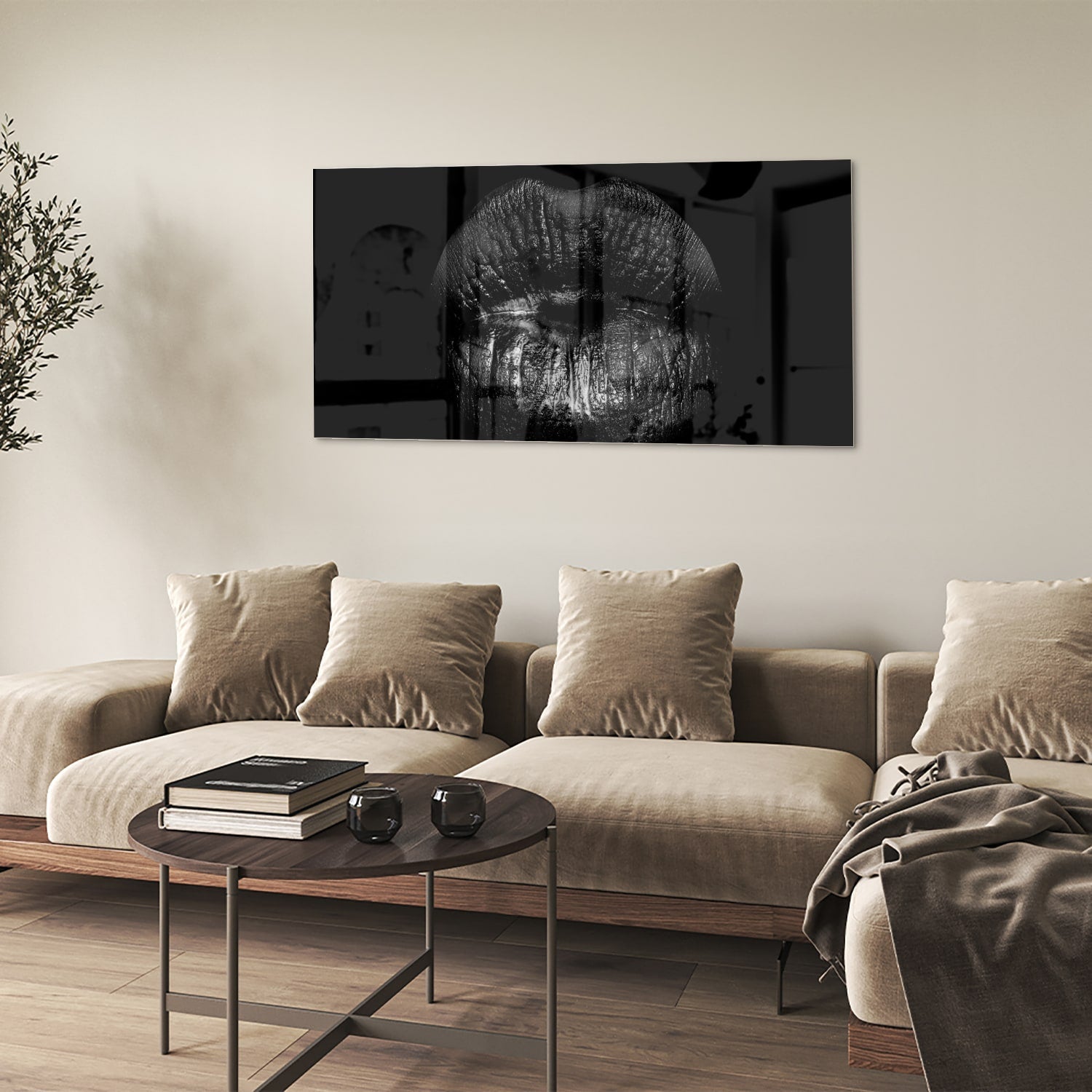 Schwarzes Glasbild mit Lippenprint – Glasbild aus Sicherheitsglas, Größe 90x60