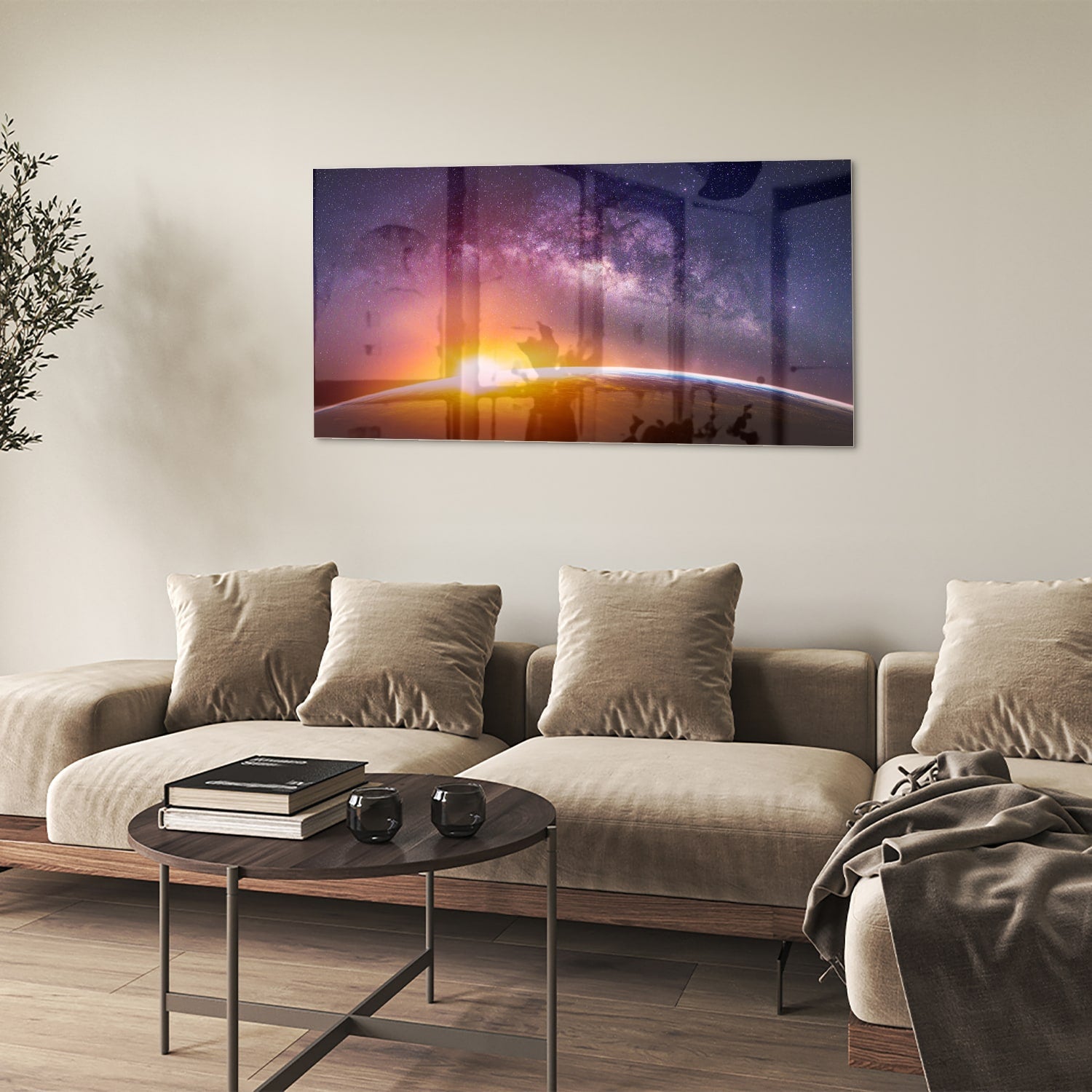 Glasbild mit einem Sternenhimmel bei Sonnenuntergang – Glasbild aus Sicherheitsglas, Größe 90x60