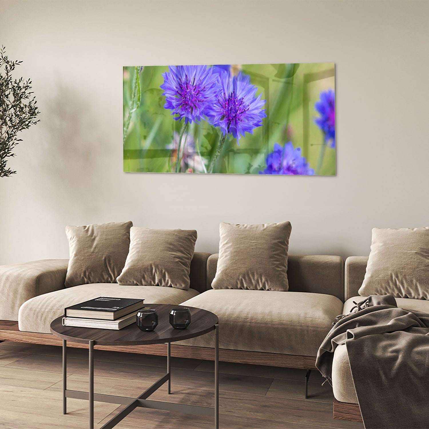 Glasbild mit violetten Blumen für moderne Einrichtungen – Glasbild aus Sicherheitsglas, Größe 90x60