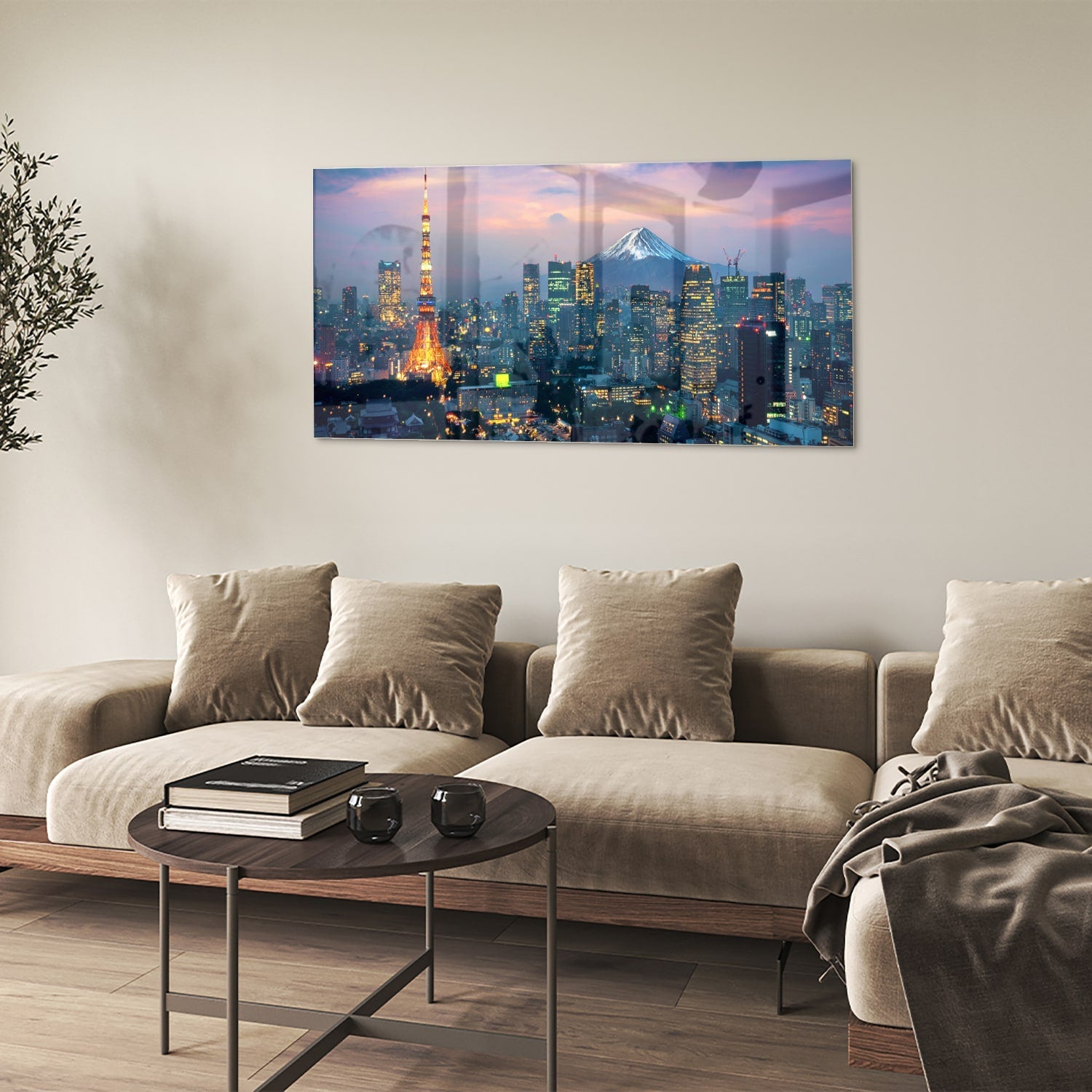 Glasbild mit Stadtpanorama, Fuji und Tokyo Tower – Glasbild aus Sicherheitsglas, Größe 90x60