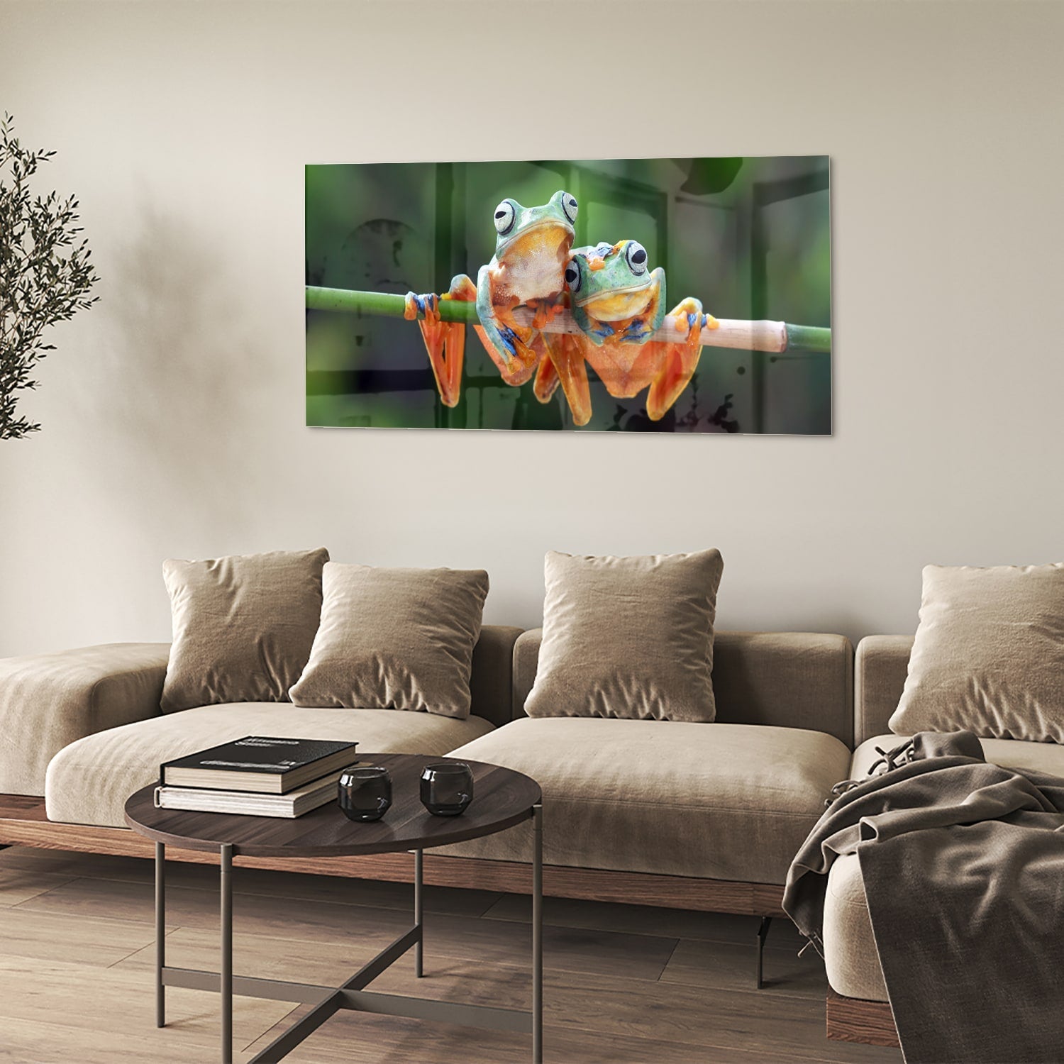 Fröhliches Glasbild mit Frosch auf einem Ast – Glasbild aus Sicherheitsglas, Größe 90x60